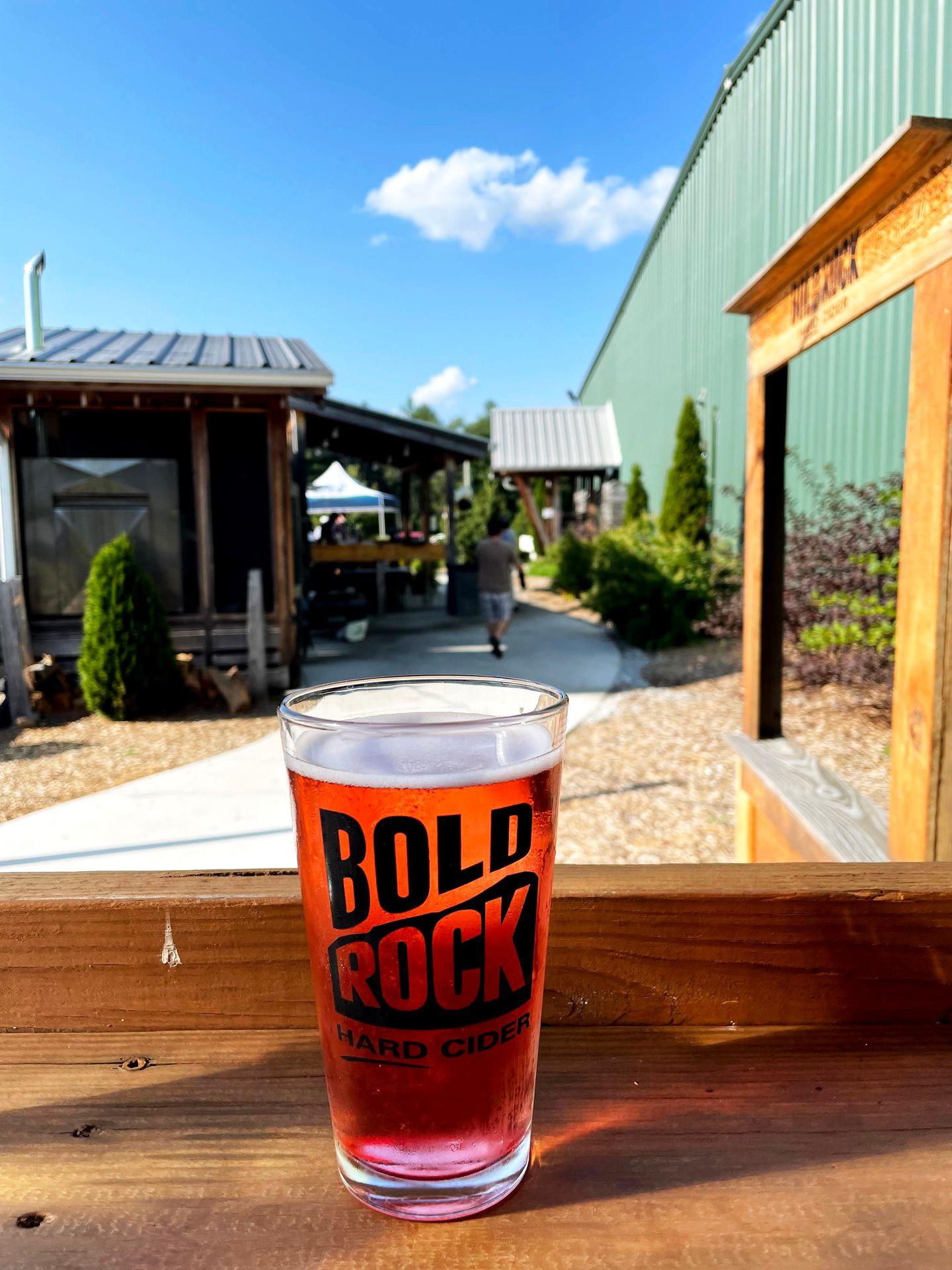 A glass of hard cider at Bold Rock Mills River Cidery.