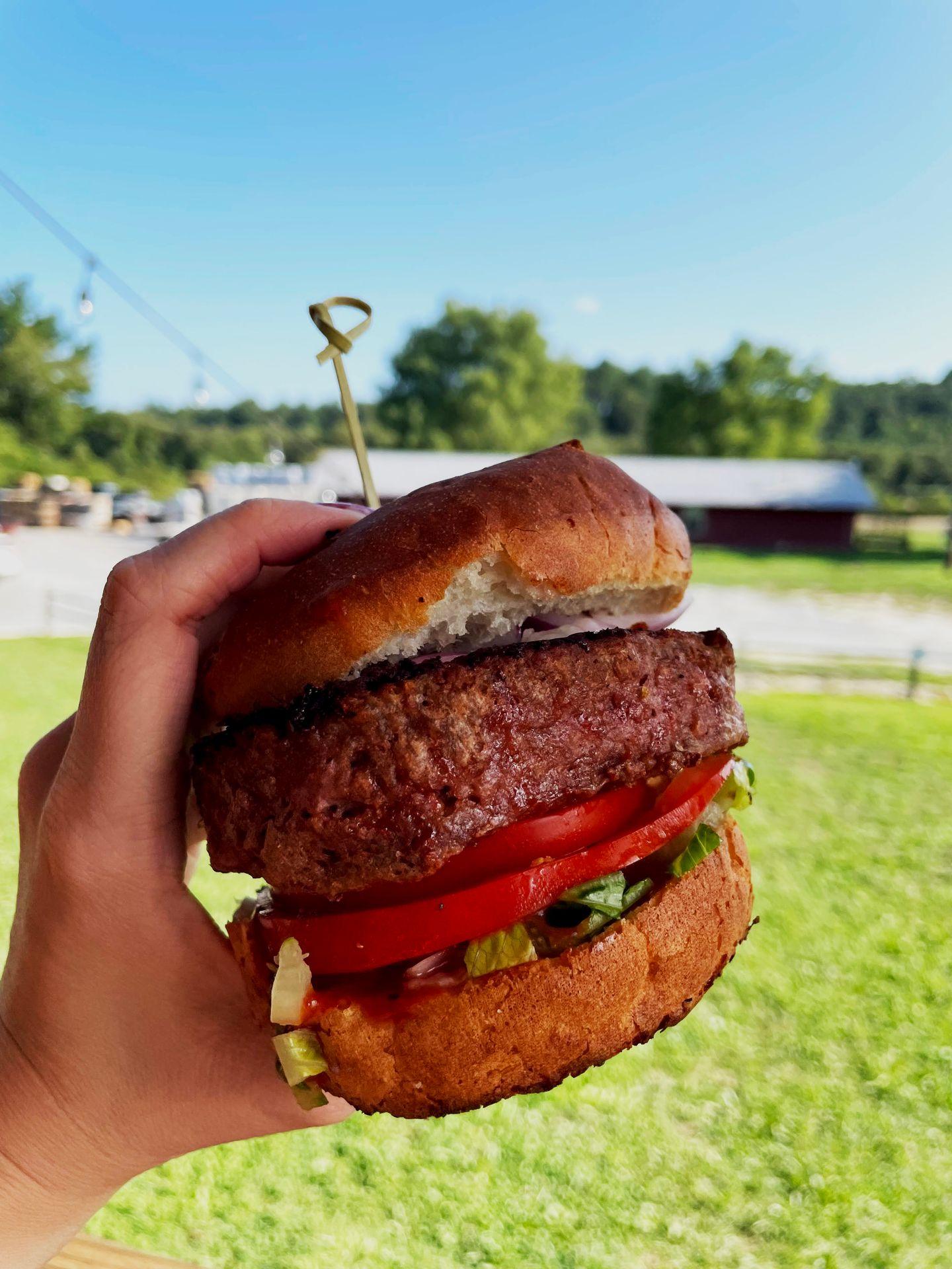 Holding up a veggie burger at Bold Rock Mills River Cidery.