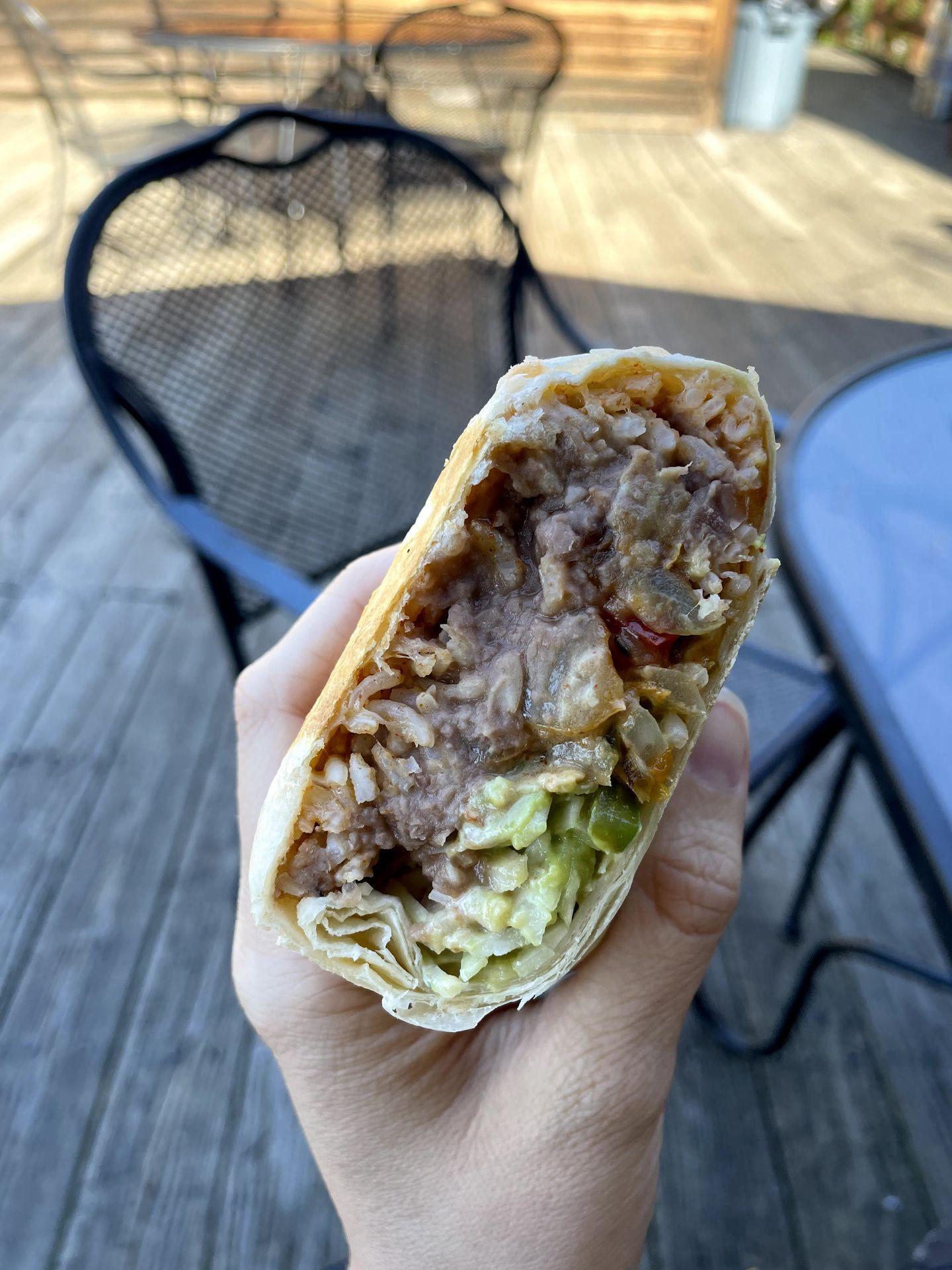 A close up of a burrito at the Burrito Bar at Breeze Hill.