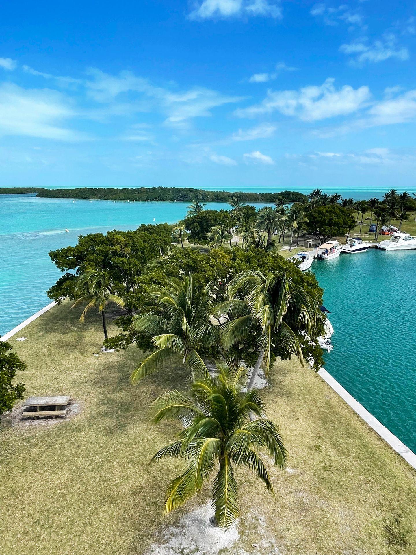 A view of Boca Chita Island from the lighthouse. There is a narrow bit of land with palm trees and bright blue water on both sides.