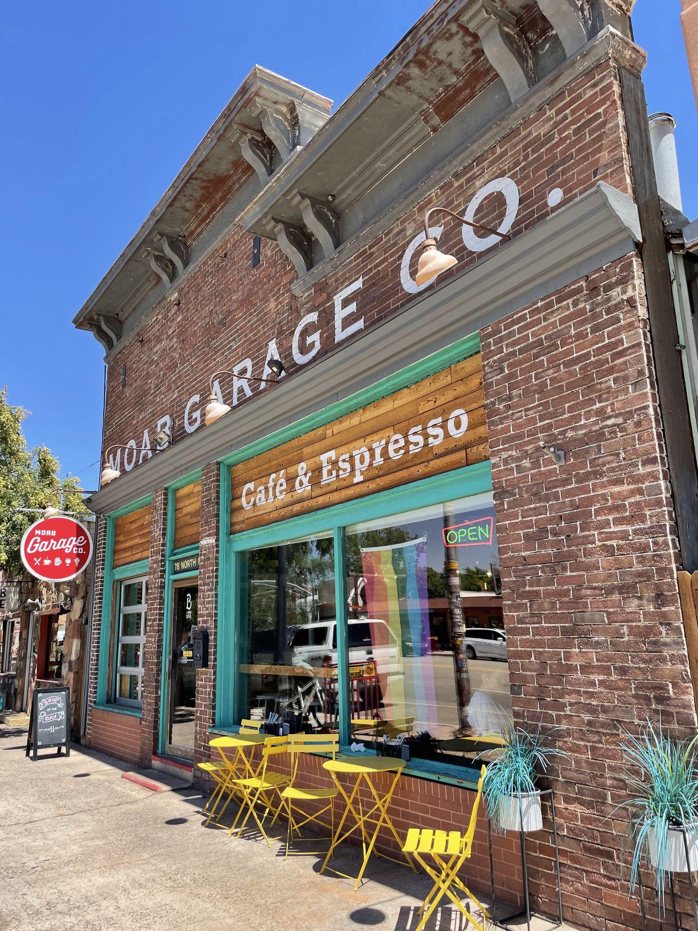 The exterior of Moab Garage Co. Above the window reads "Cafe & Espresso"