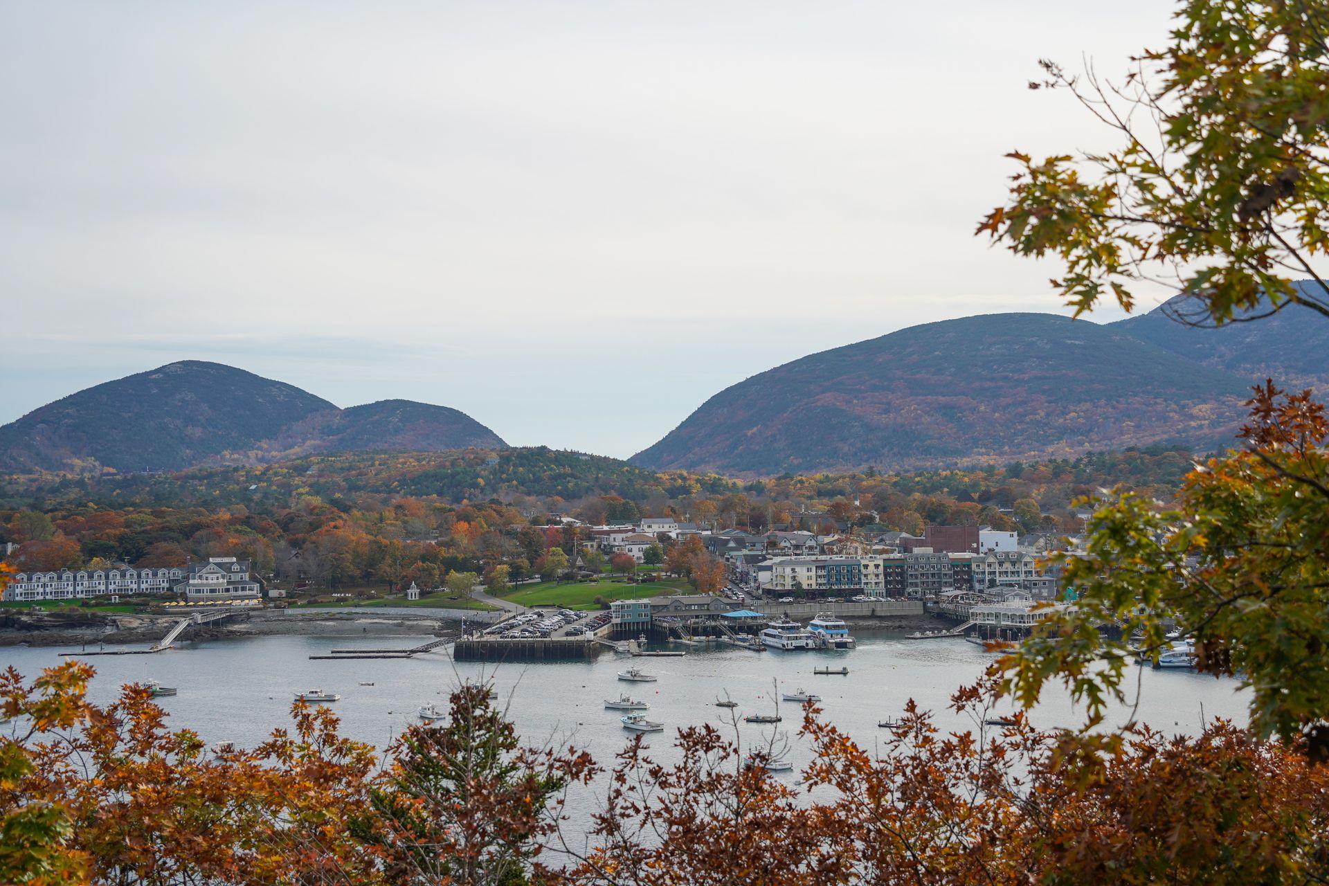 Looking at the city of Bar Harbor from the overlook on Bar Island. The view is framed by red and orange leaves.