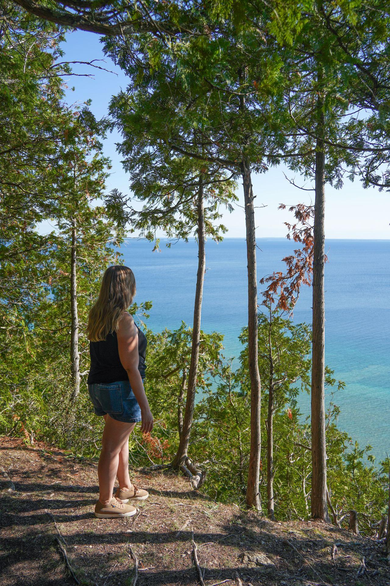 Lydia looking out at the water through some trees on the Tranquil Bluff Trail.