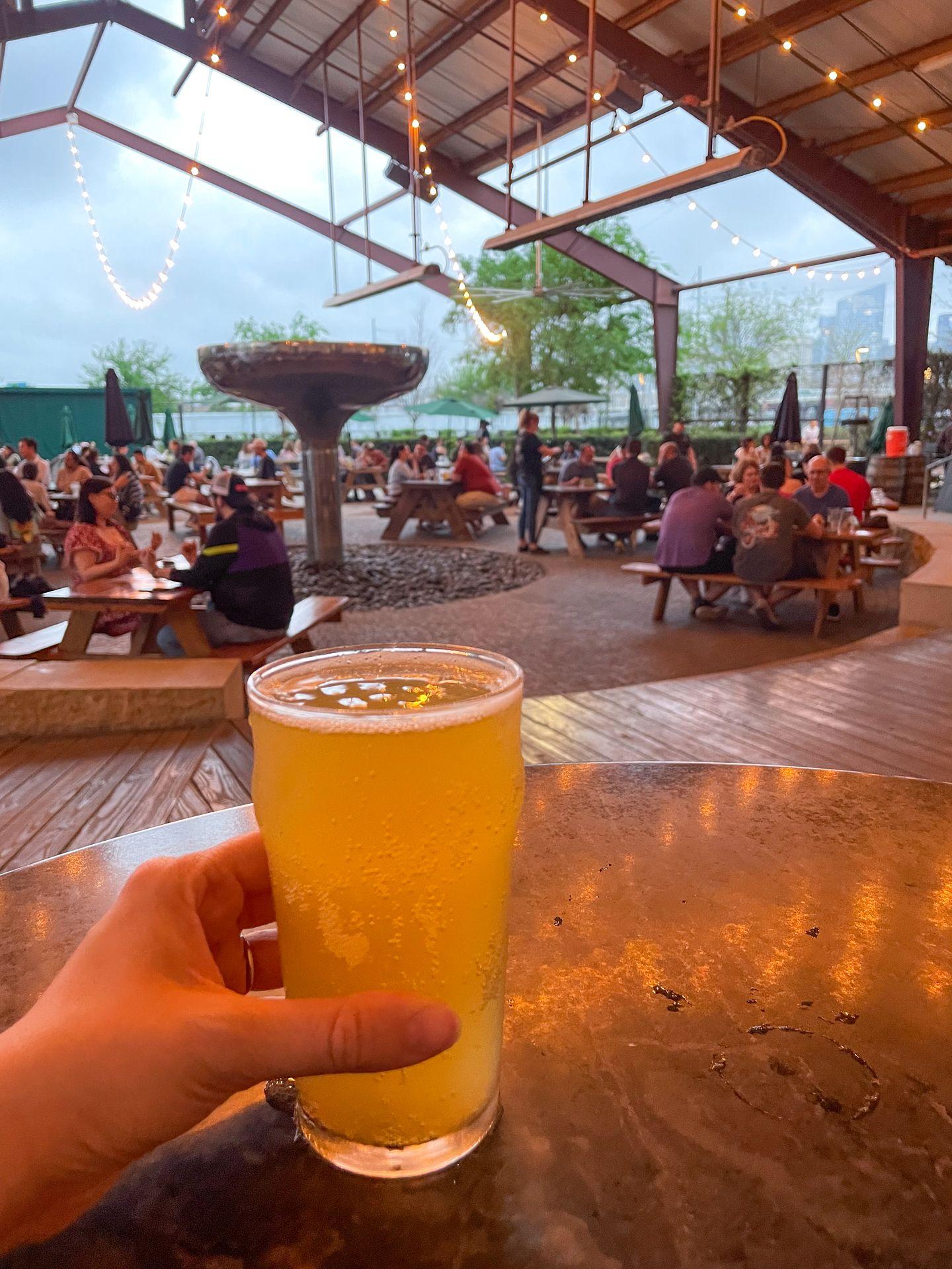 A beer at the outdoor patio at Saint Arnold Brewing Company