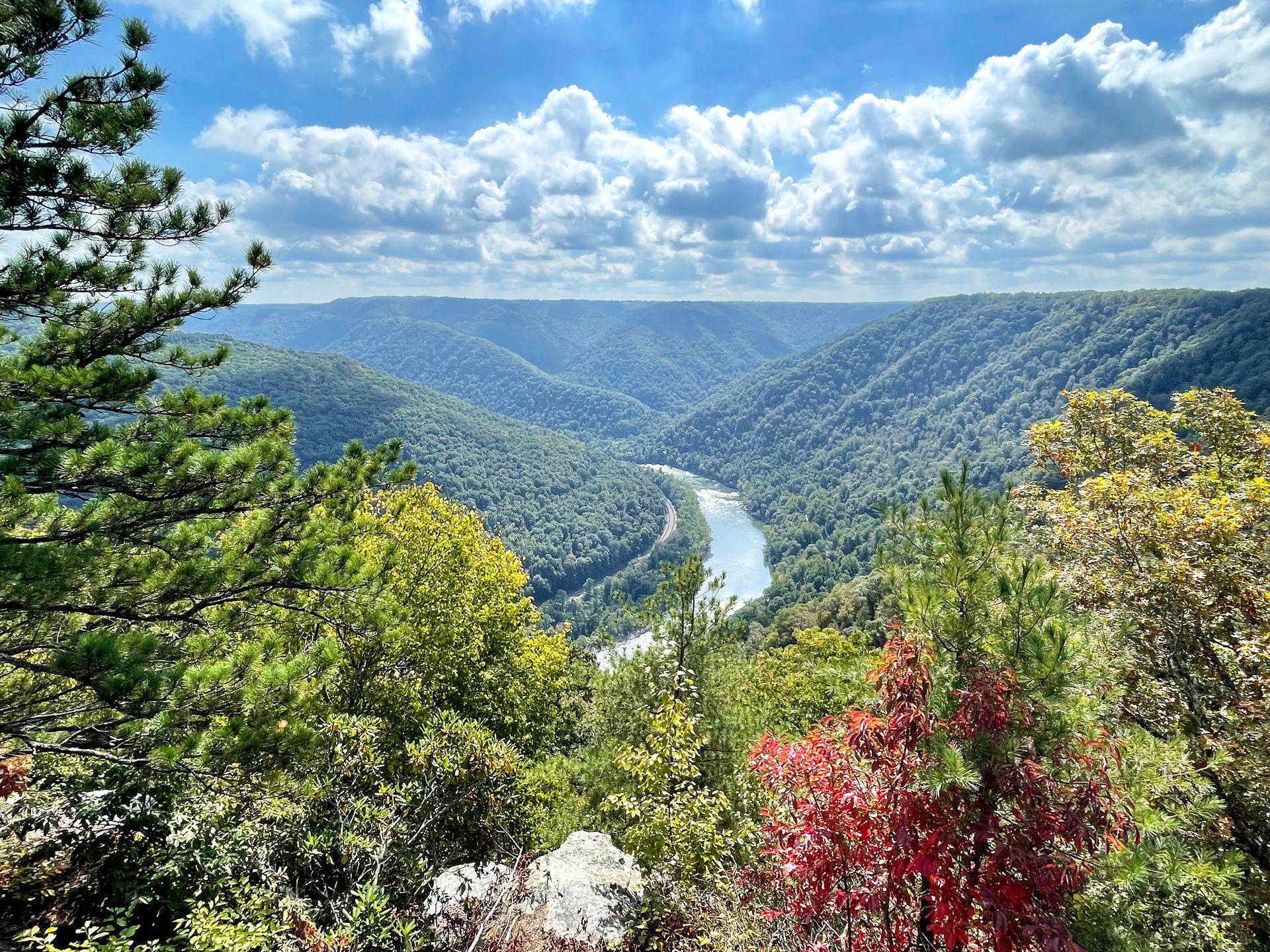 A river curving through a valley of trees near New River Gorge National Park.