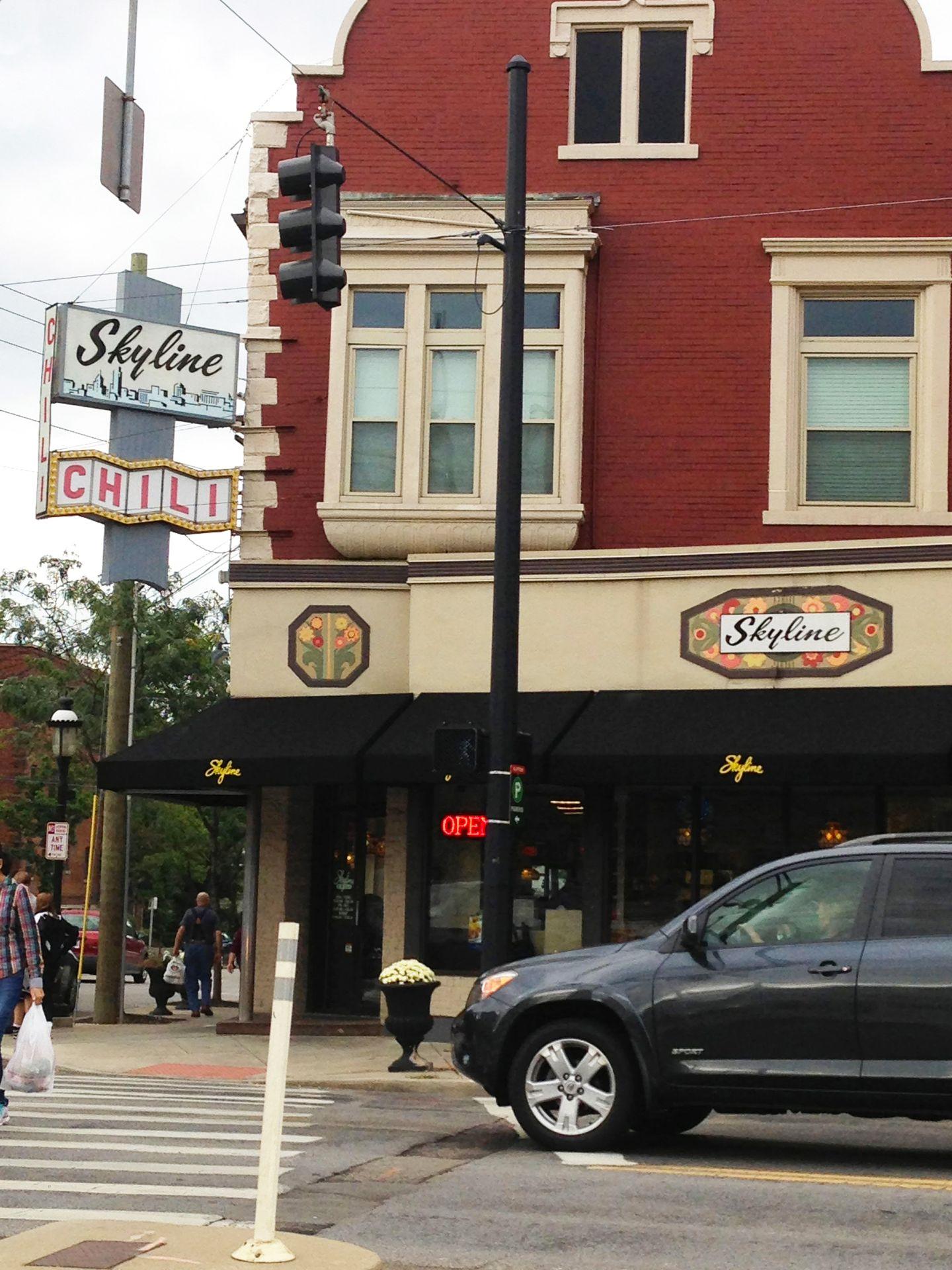 An exteior look at the Skyline Chili location on Ludlow Ave. The signage feels retro.