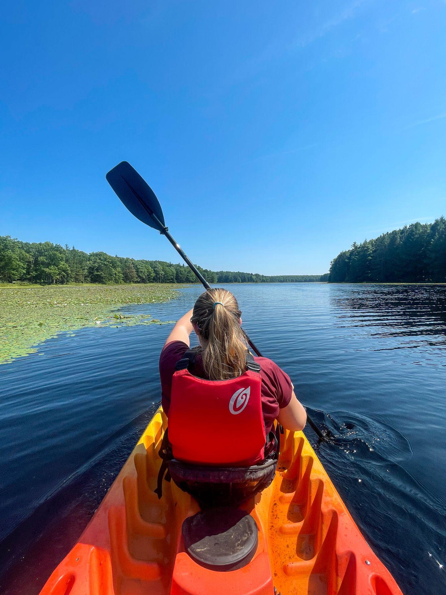 A few from behind of Lydia kayaking on Black Moshannon Lake. The lake is a dark, blackish color and there are thick, green lilypads to the left.