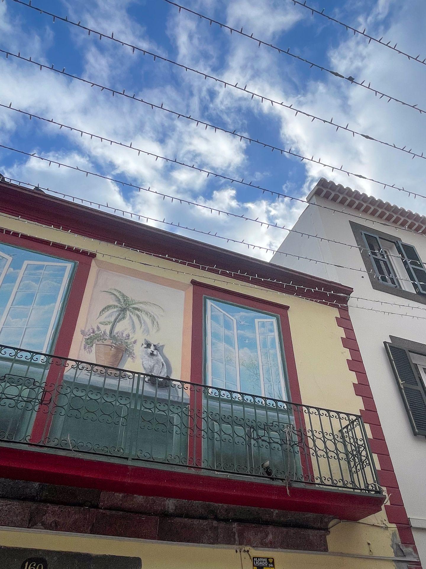 Looking up at a balcony with a cat painted on the building.