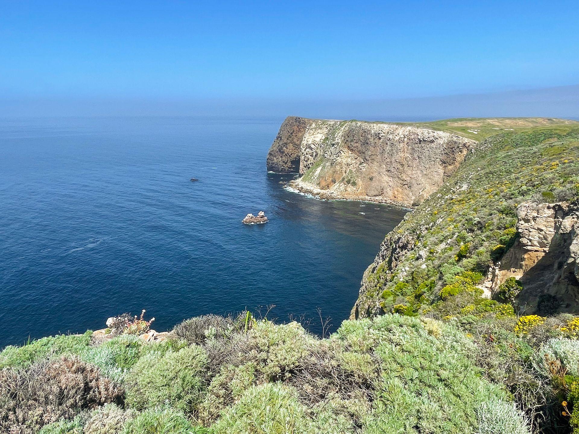 A view of the ocean and a cliff seen from hiking on Santa Cruz Island