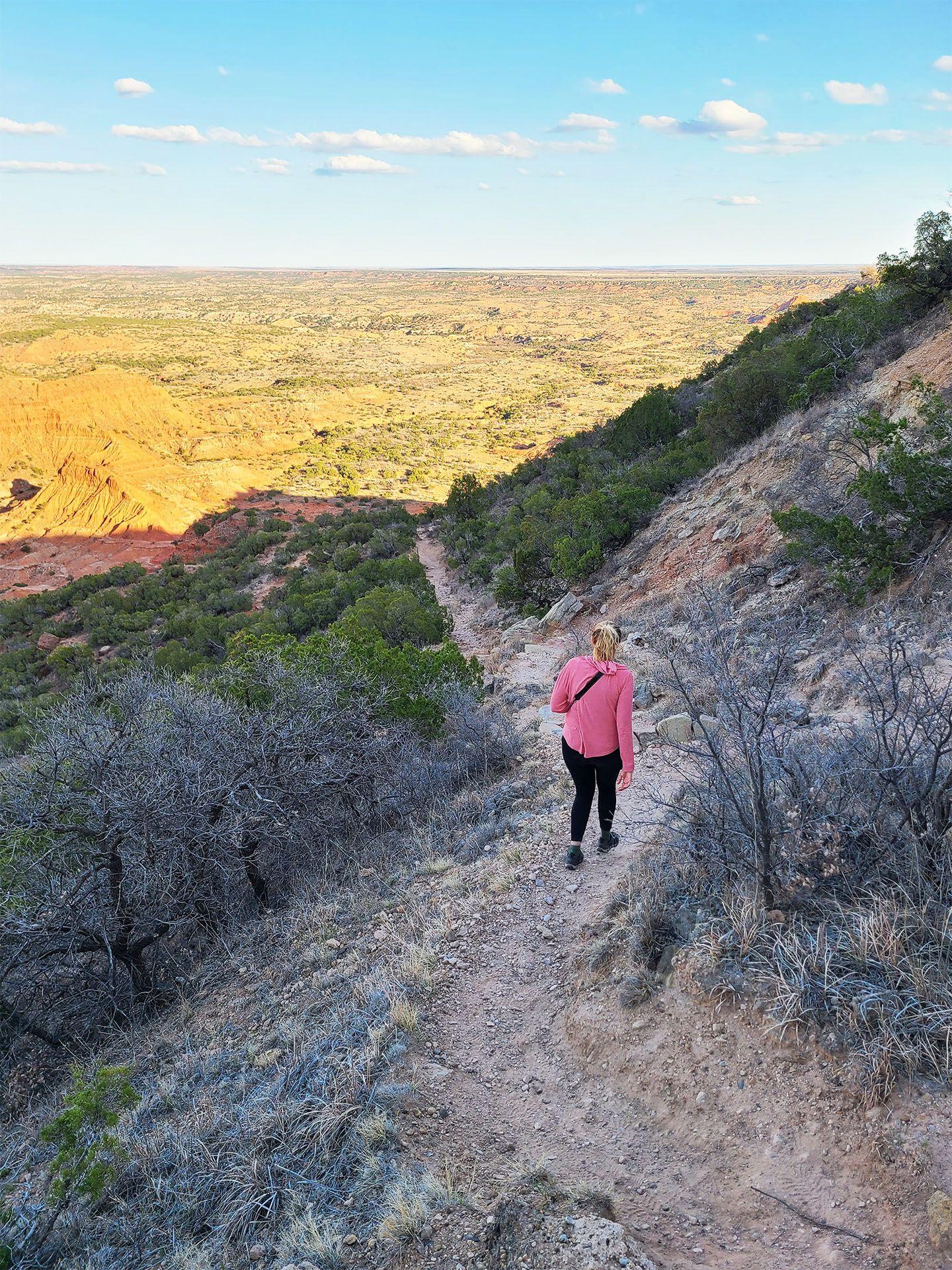 Lydia hiking down the path from the Haynes Ridge Overlook