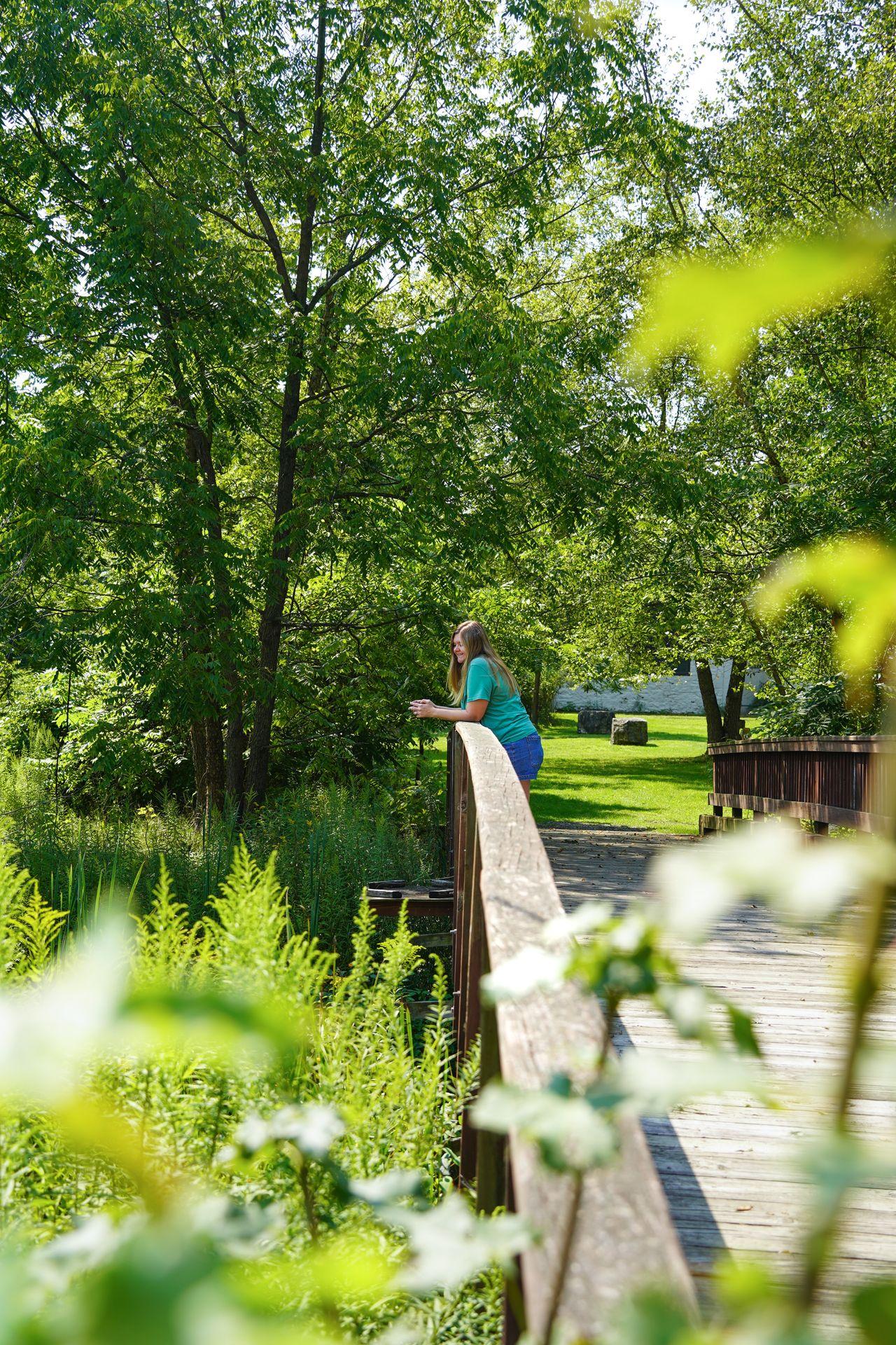 Lydia on a wooden bridge in the Millbrook Marsh Nature Center