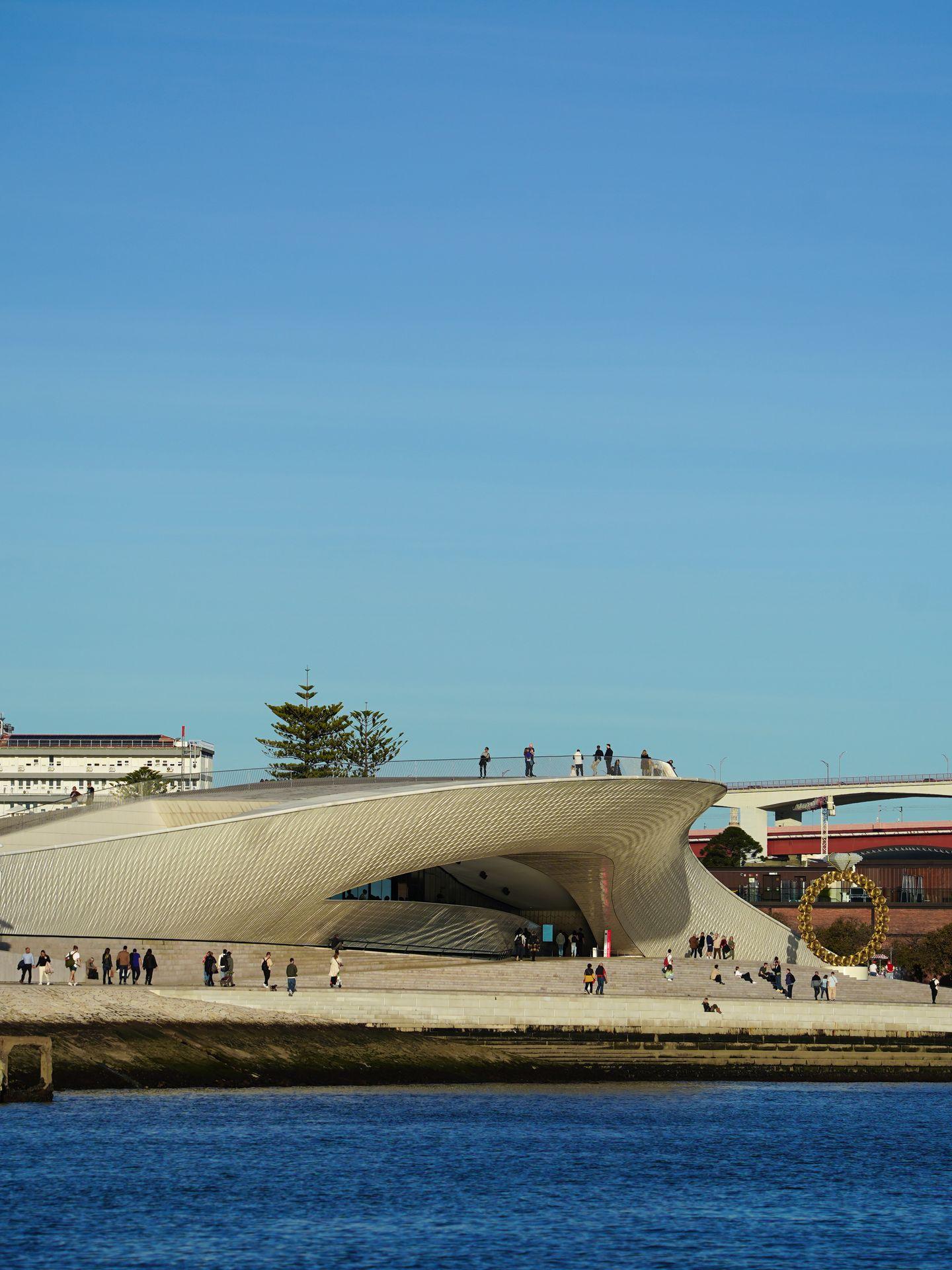 Looking at the MAAT Museum from the water, which is shaped like a giant shark mouth