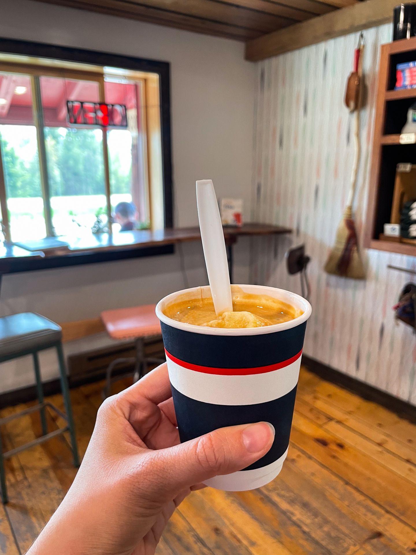 Holding up a Affogato (coffee and ice cream) inside of Fika Coffee