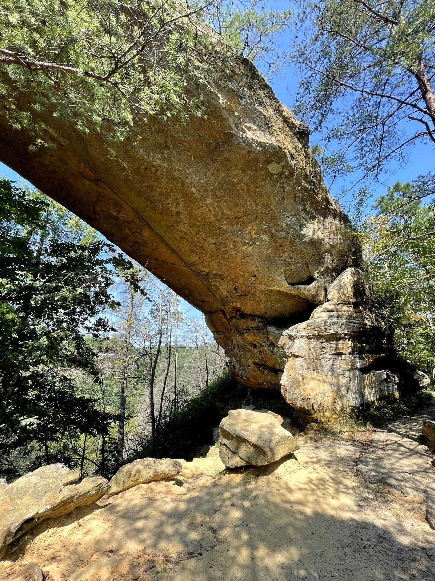 Looking at a piece of the Arch at Sky Bridge