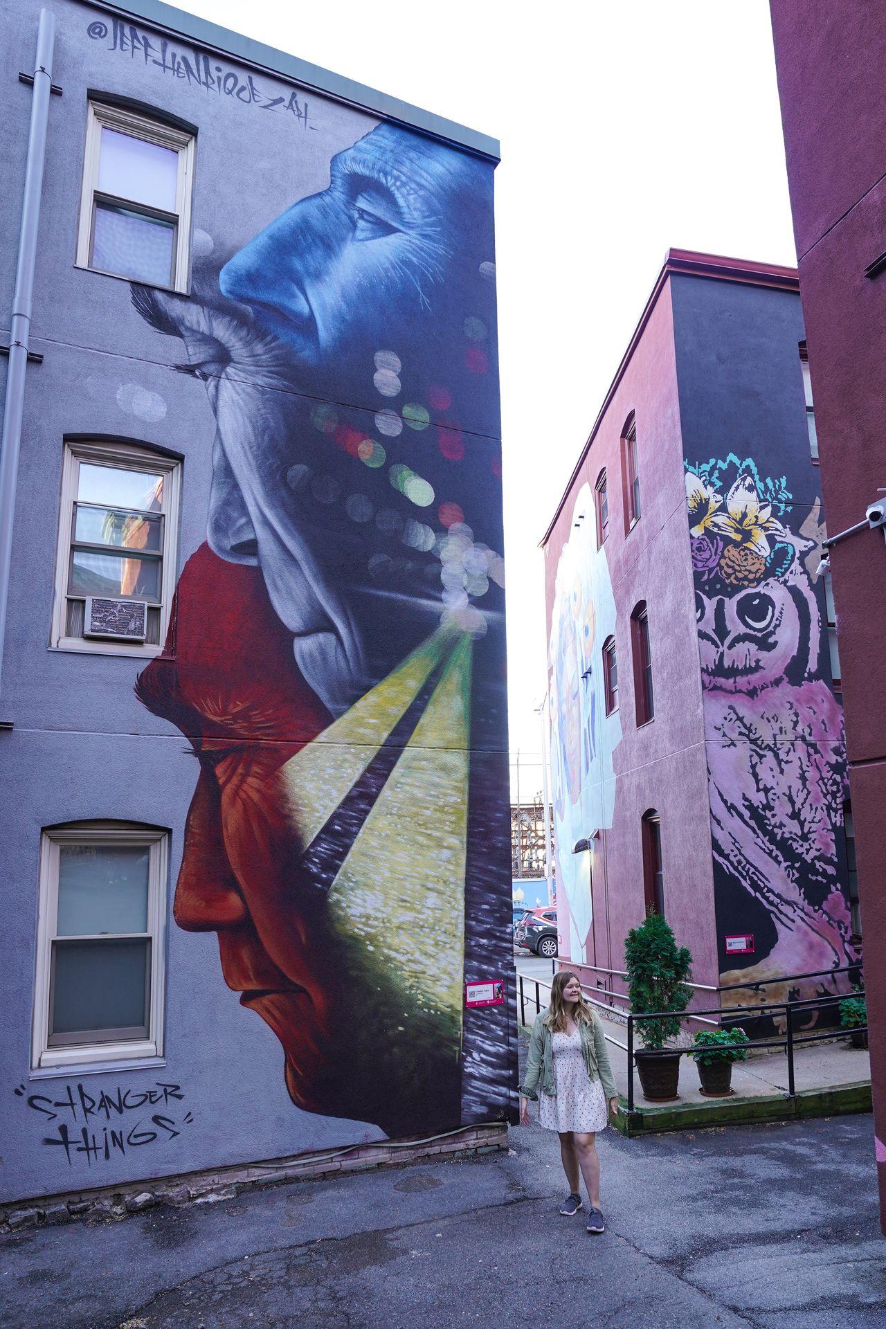 Standing walking between 2 buildings with tall murals. One is made up of faces, the other has an owl