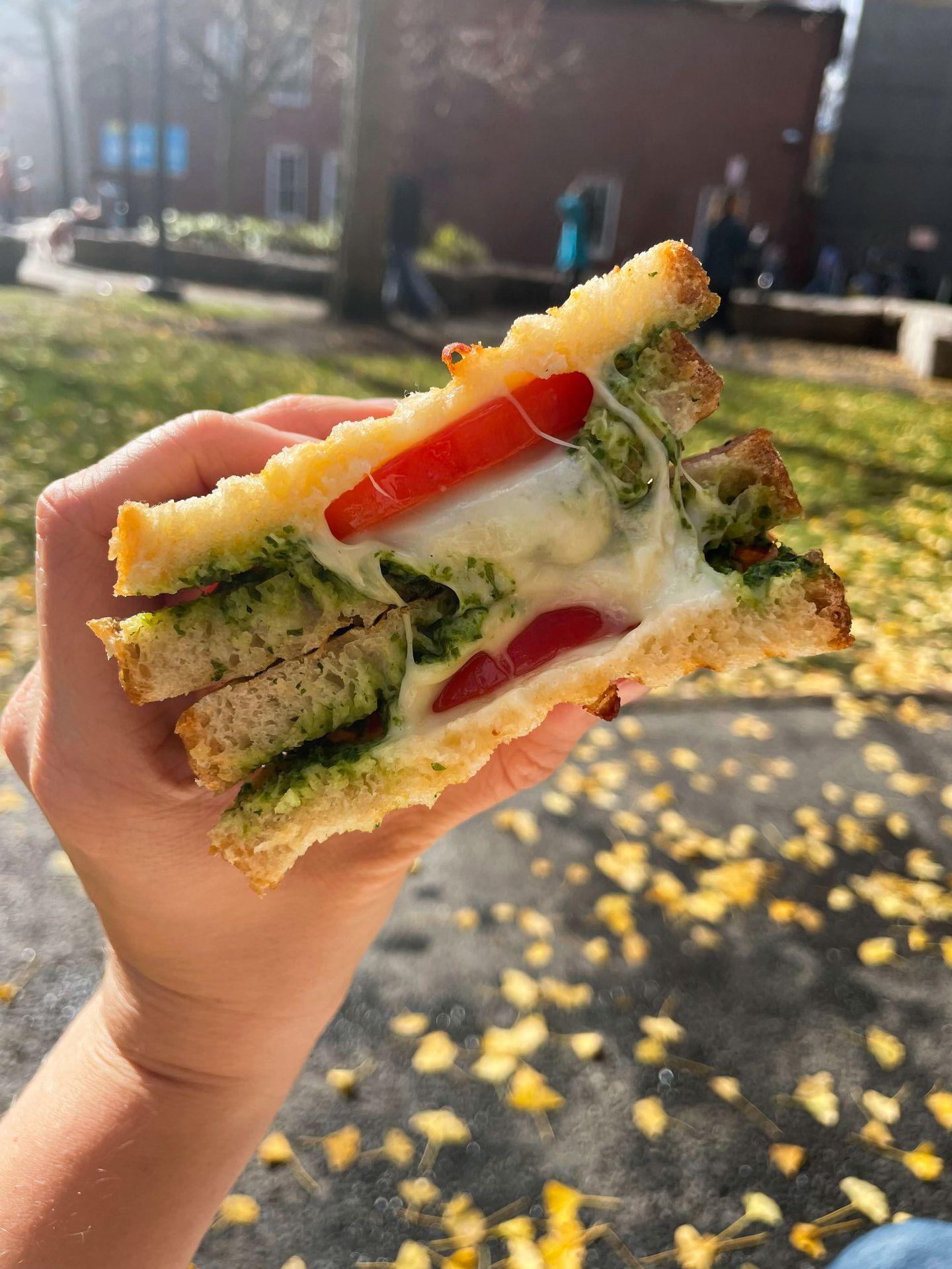 Holding up a sandwich, cut in half, that is filled with cheese, pesto and tomatoes