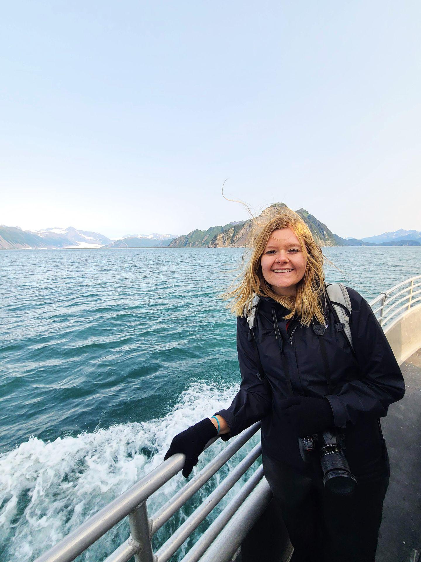 Lydia on a boat during the boat ride from Resurrection Bay in Kenai Fjords.