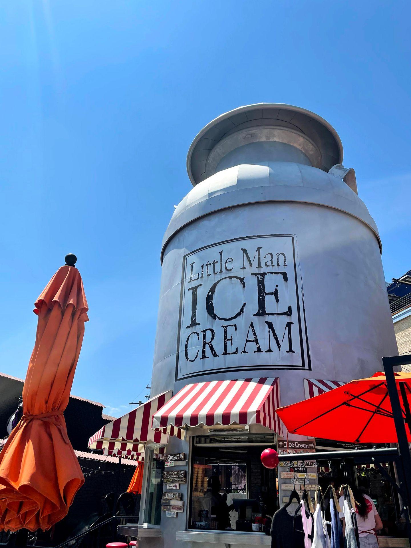 A giant milk jug labeled "Little Man Ice Cream"