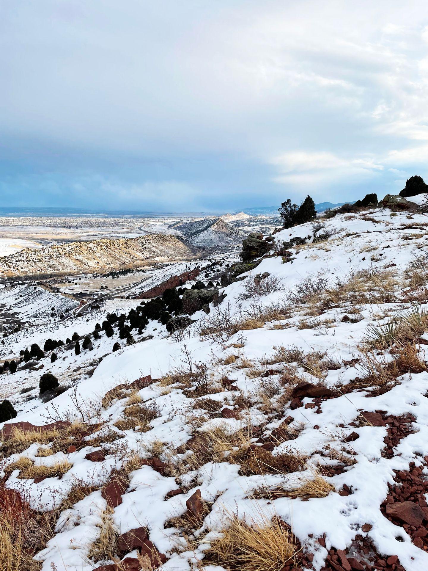 A snow covered view of the Red Rock Park.