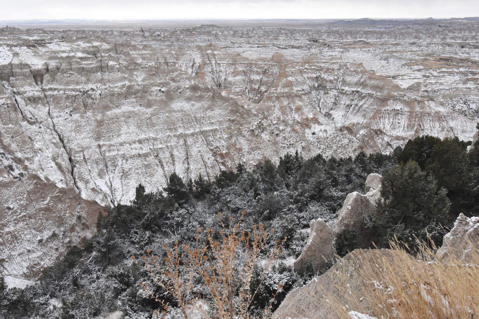 A view of the Badlands dusted in snow.