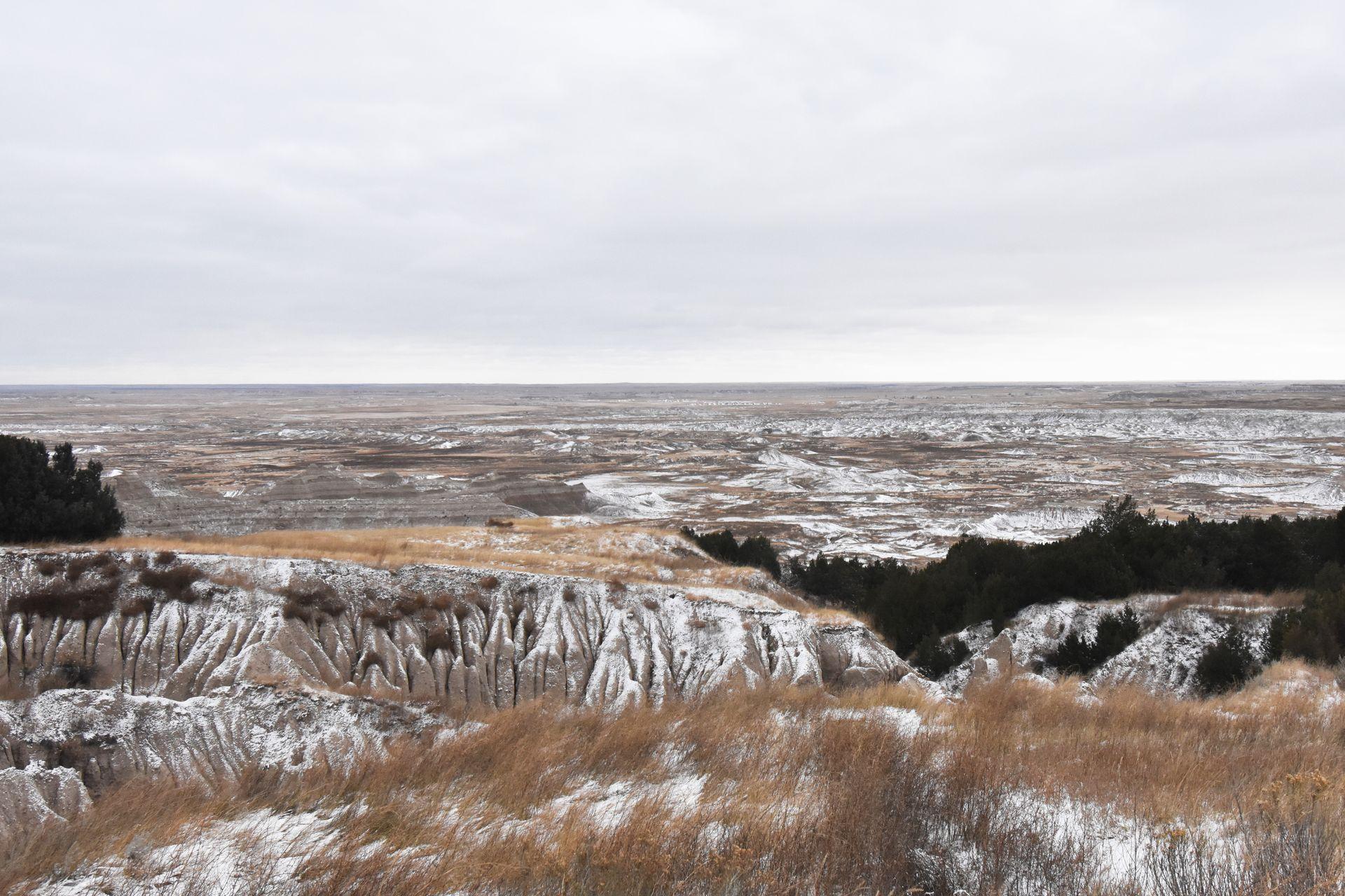 Looking out upon grasslands and badland rock formations from an overlook.