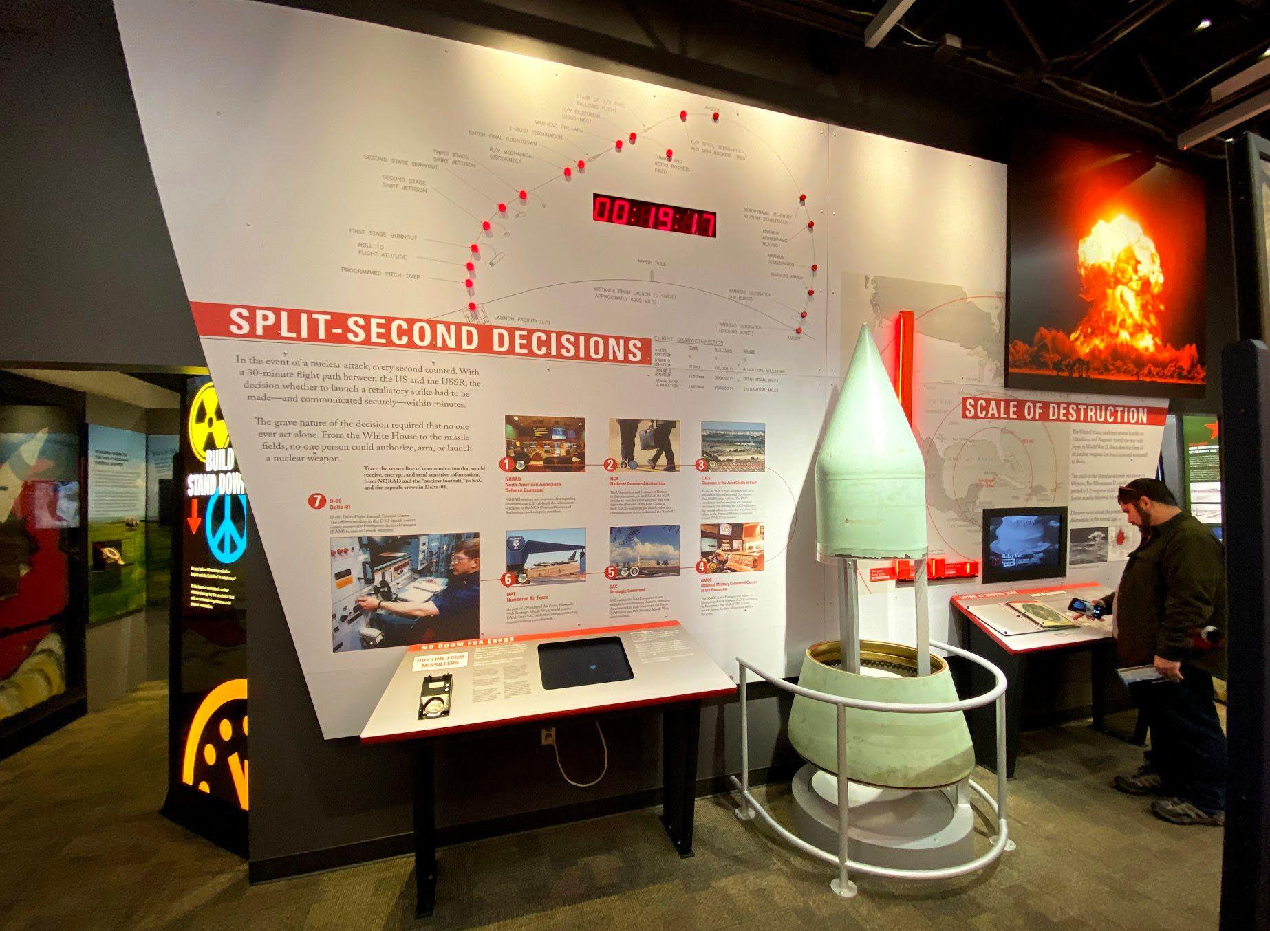 An exhibit inside the Minuteman Missile Museum about split-second decisions.