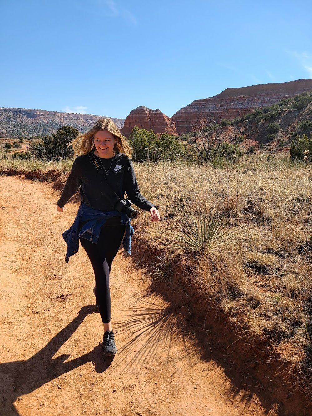 Lydia hiking on the trail to lighthouse rock in Palo Duro.