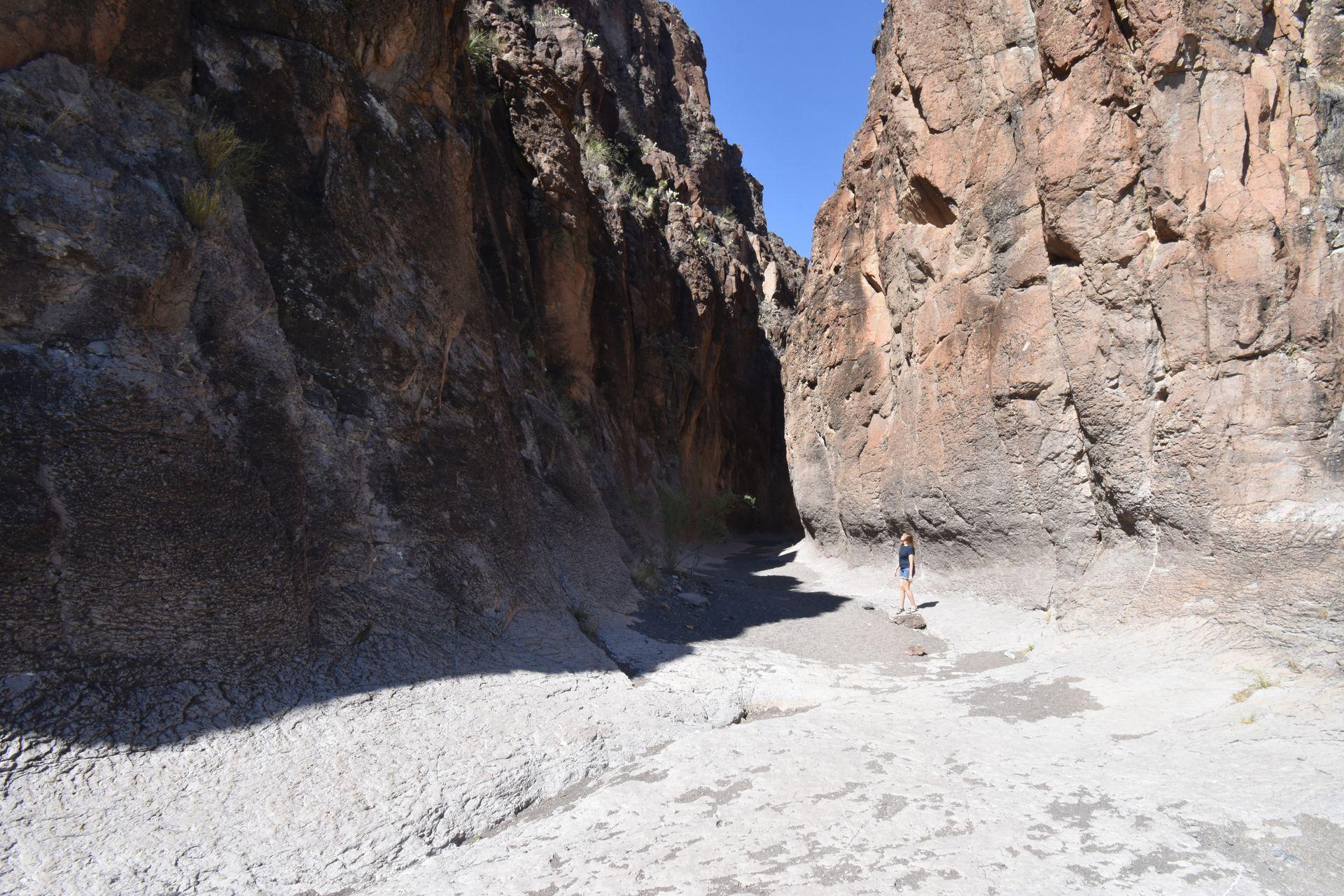 Lydia standing next to tall canyon walls on the Closed Canyon trail in Big Bend Ranch State Park.