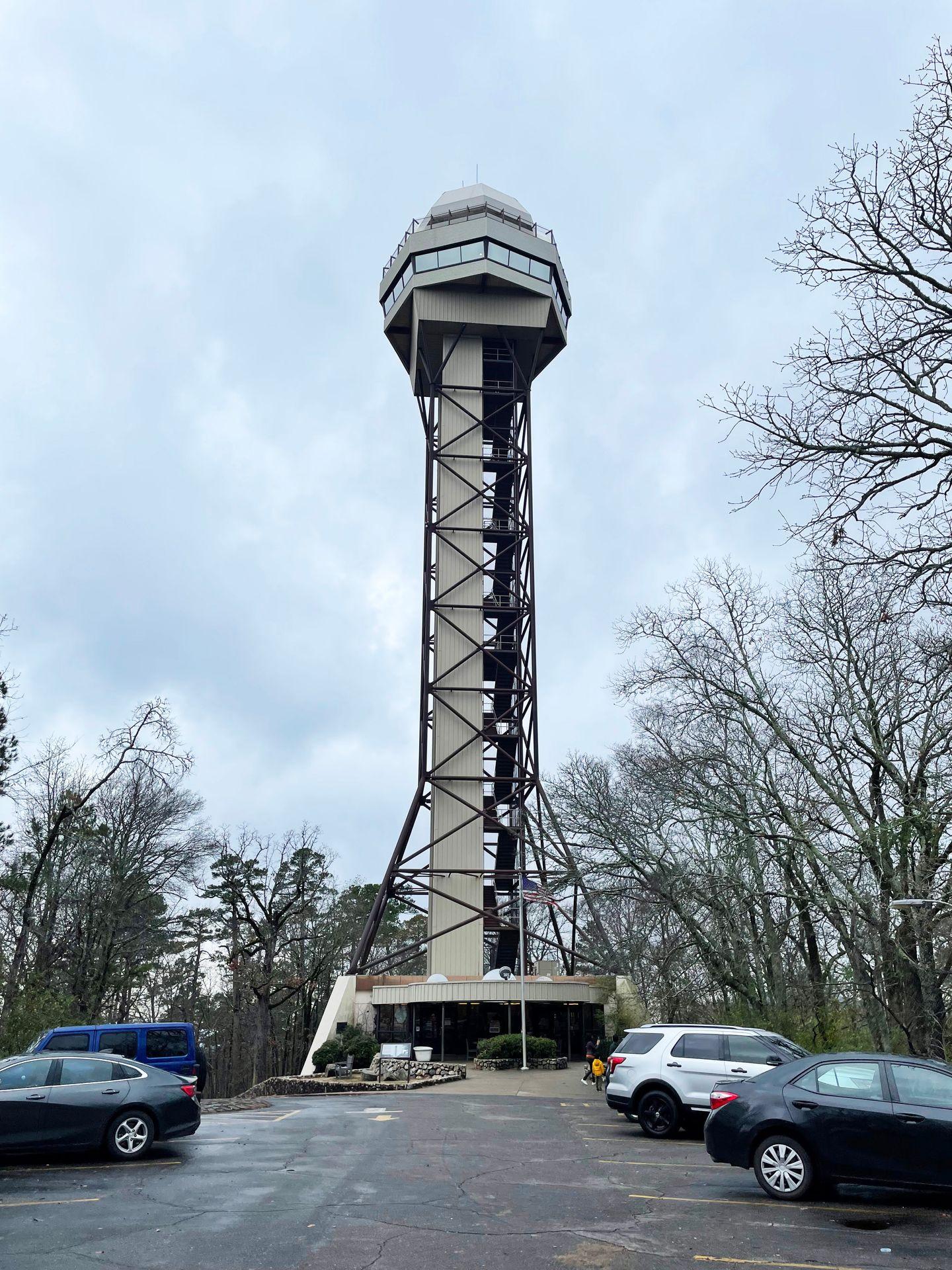 Looking up at the Hot Springs Mountain Tower from the parking lot.