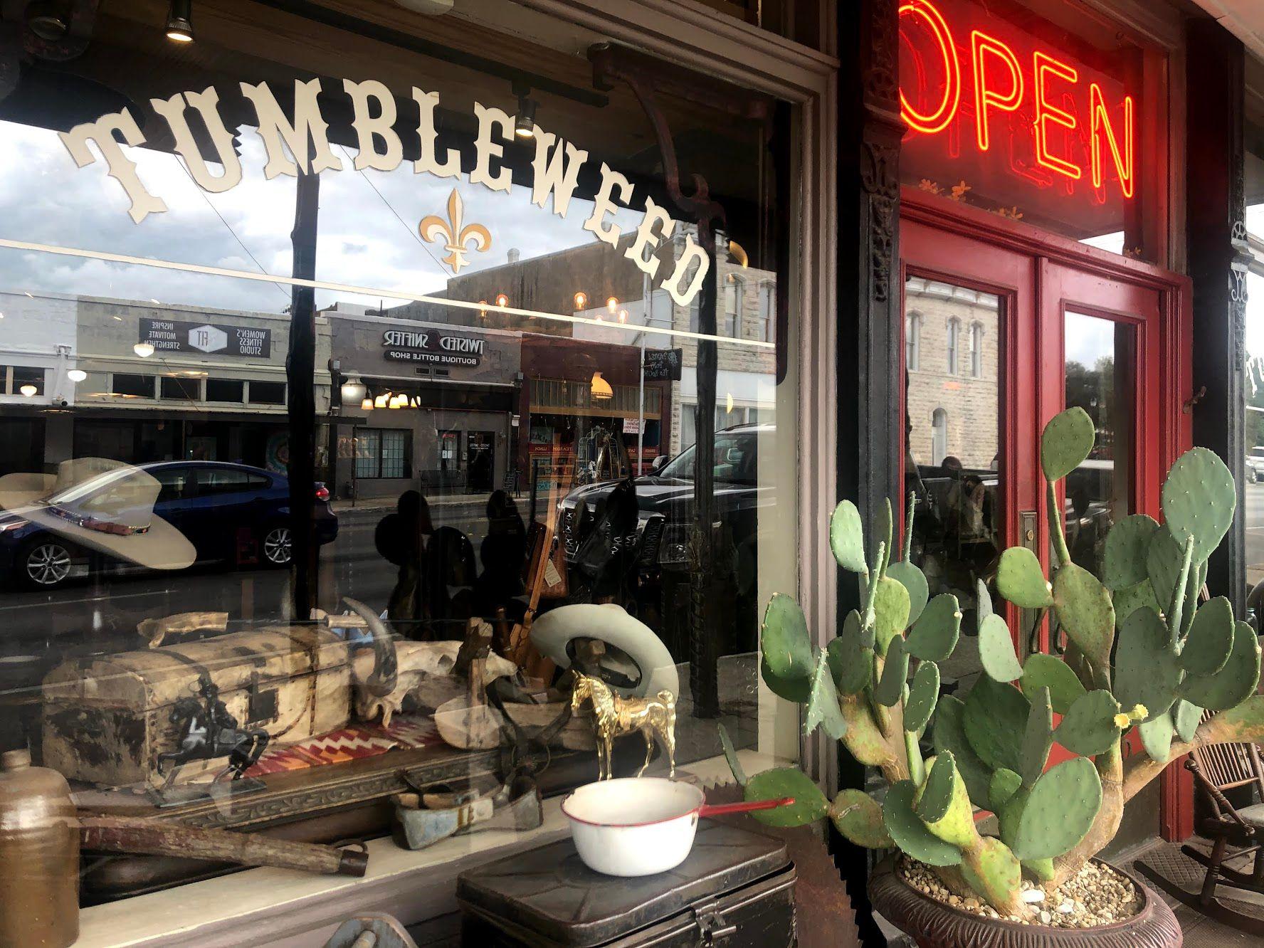 A shop in Weatherford that reads "Tumbleweed" on the window
