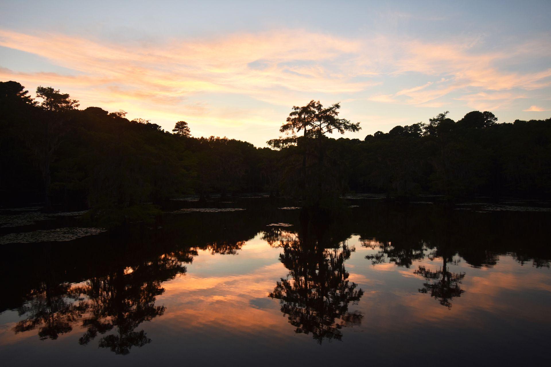 A colorful sunset reflects onto the water at Caddo Lake. A silhouette of trees is in the shadows.