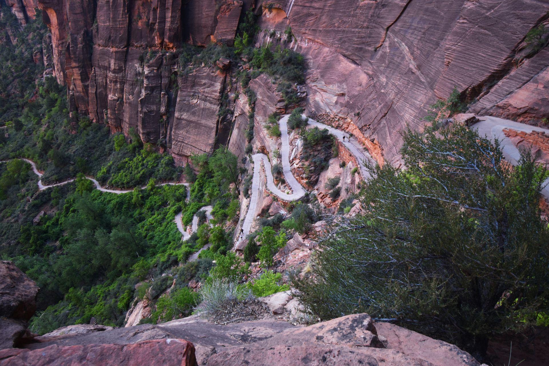 A view looking down at switchbacks that lead up to Angel's Landing.