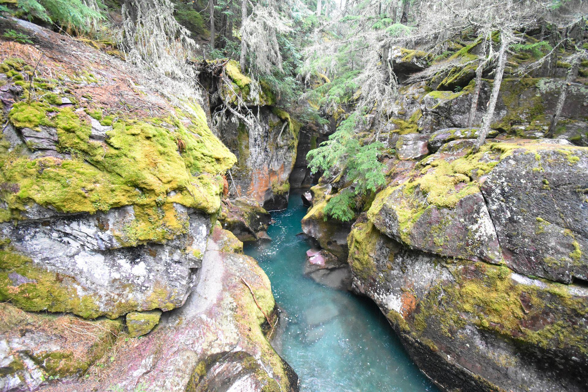A small stream of bright blue water surrounded by rocks that are covered in bright green moss.