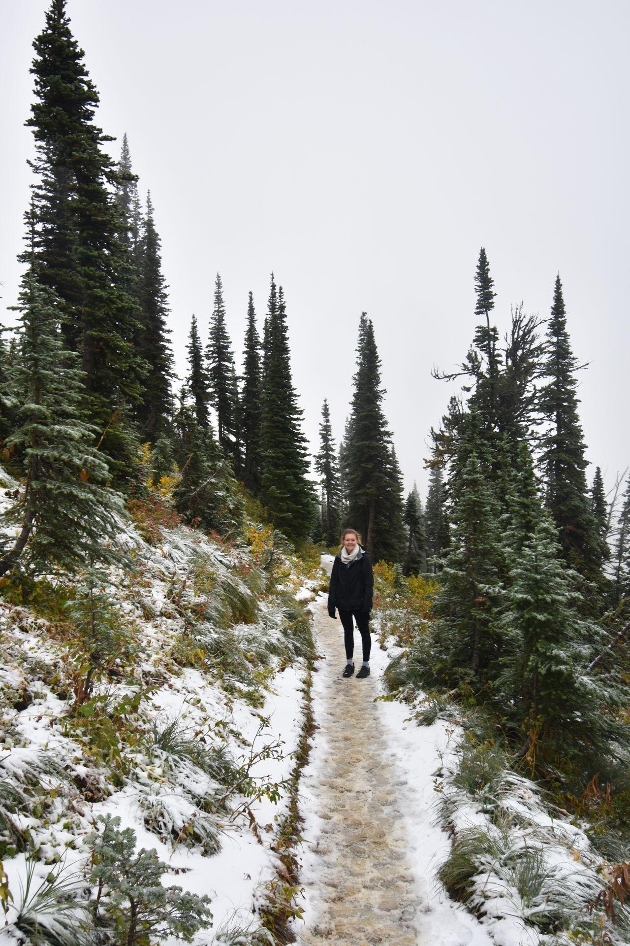 Lydia standing on a snowy trail surrounded by pine trees.