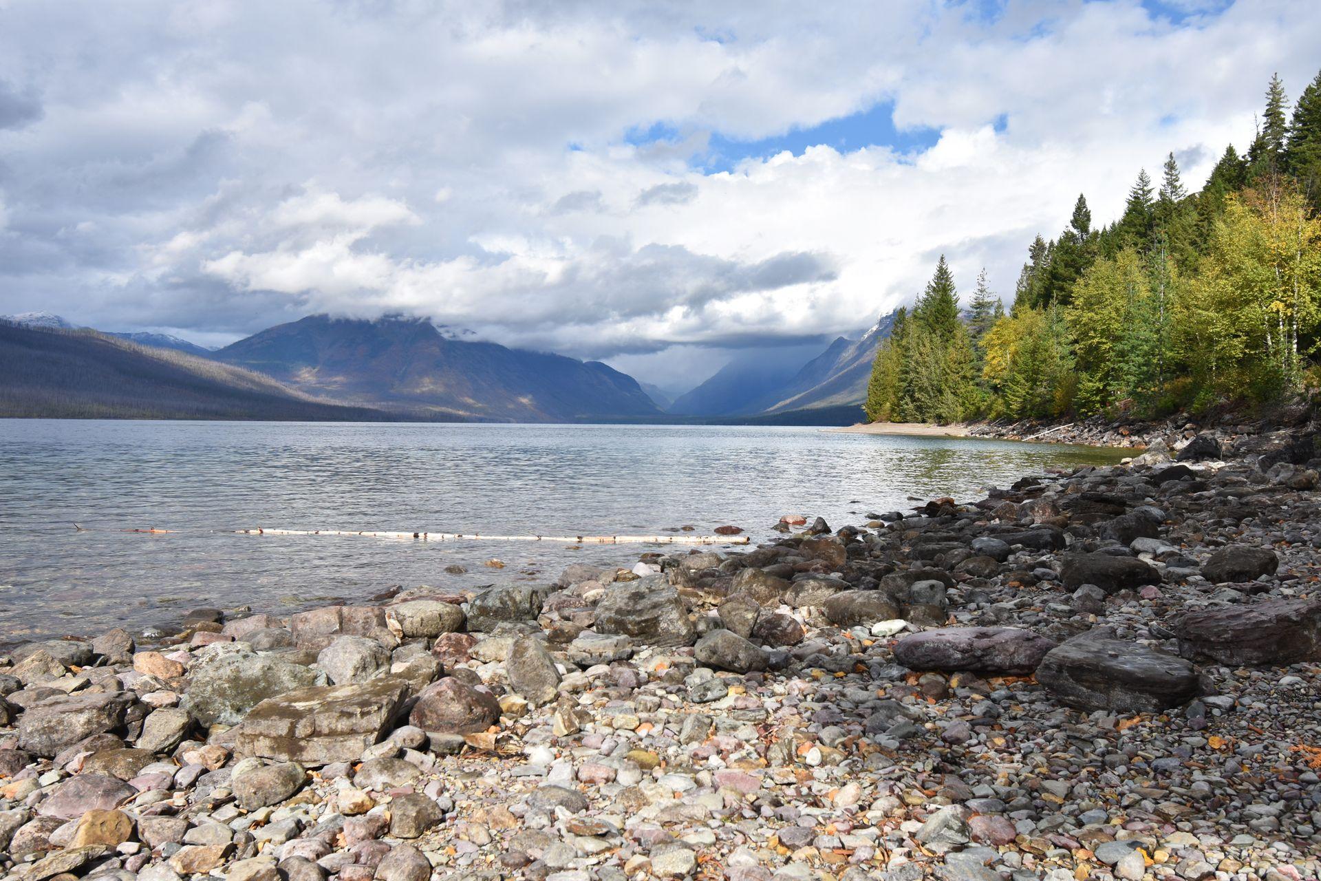 A rocky shore next to Lake McDonald. A log floats in the lake and there are mountains and trees across the lake.