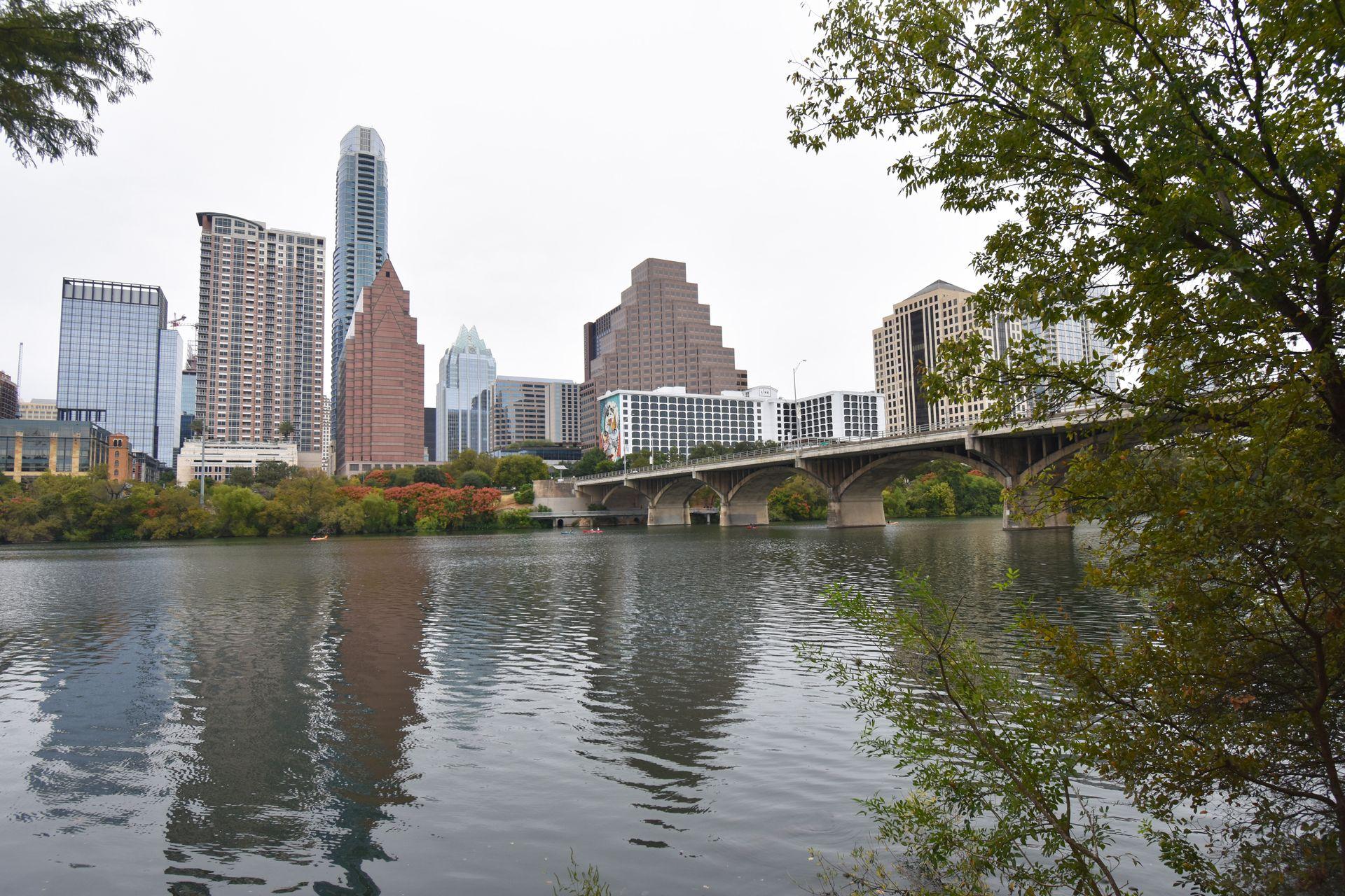 A view of downtown Austin from across Lady Bird Lake.