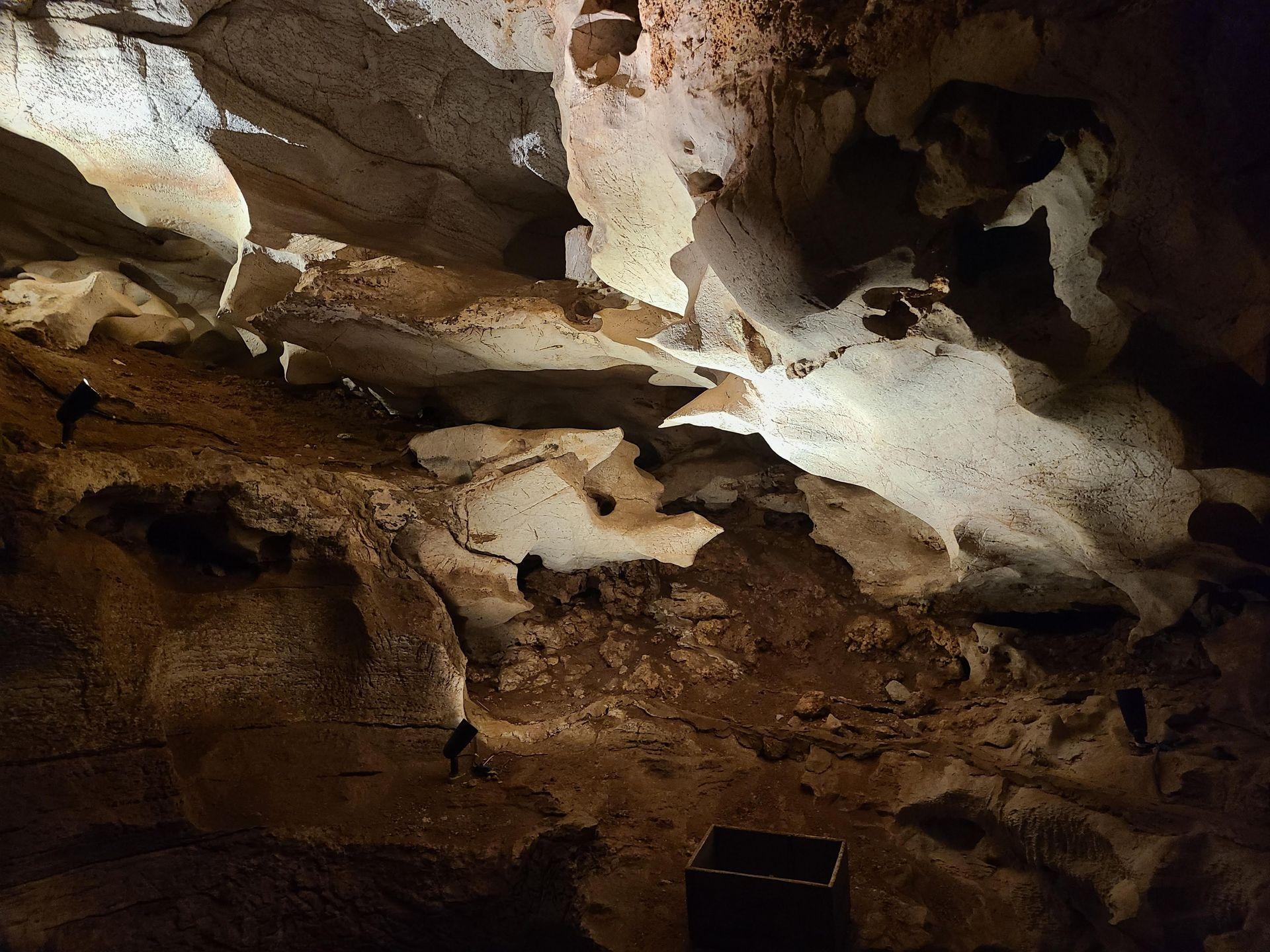 Rock formations on the ceiling inside of Longhorn Caverns.