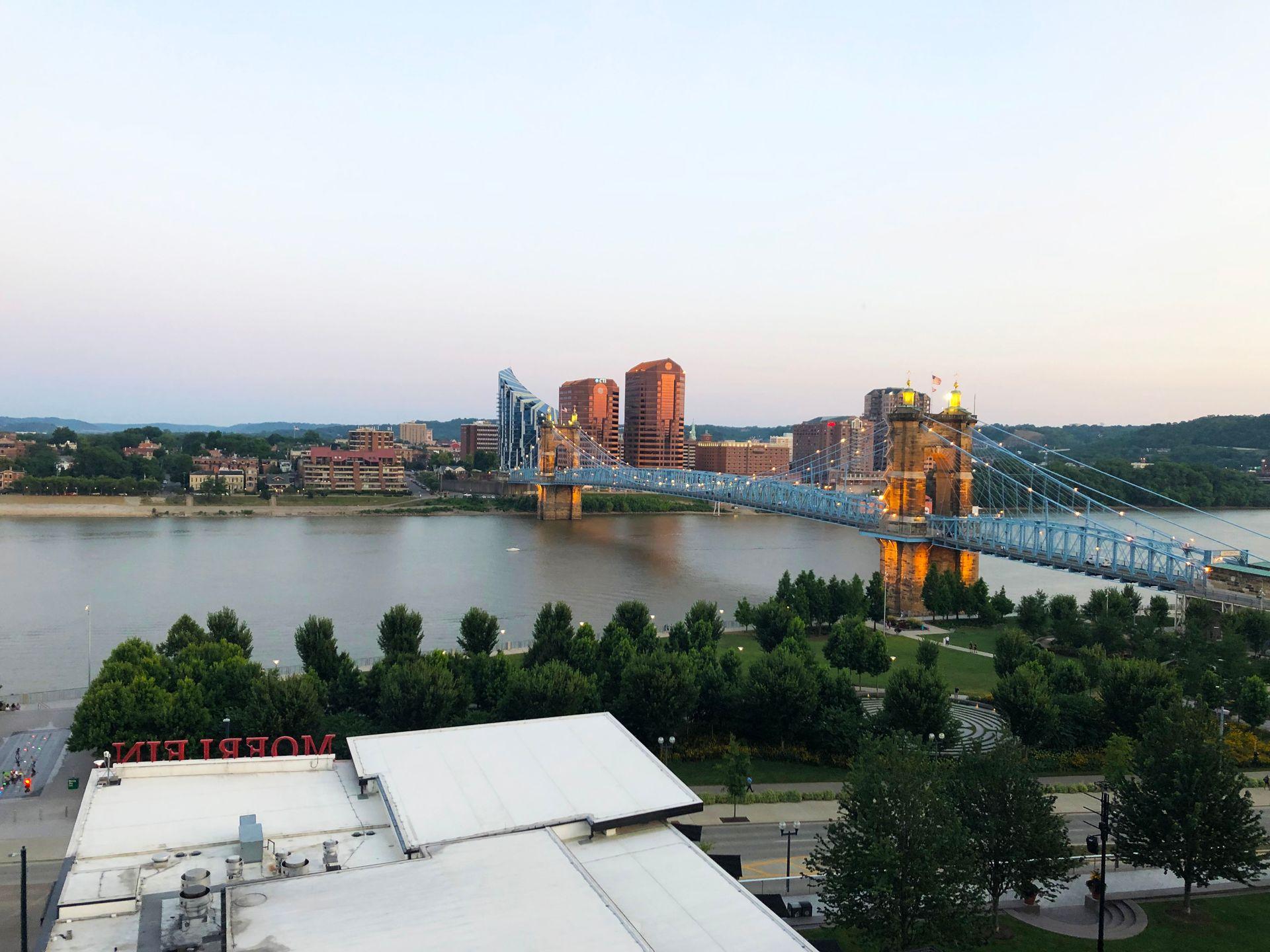 A view of the Ohio River and the Roebling Suspension Bridge from the AC Hotel Marriott.