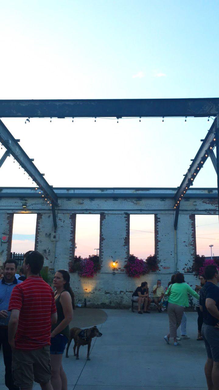 The outdoor patio at Madtree around sunset.