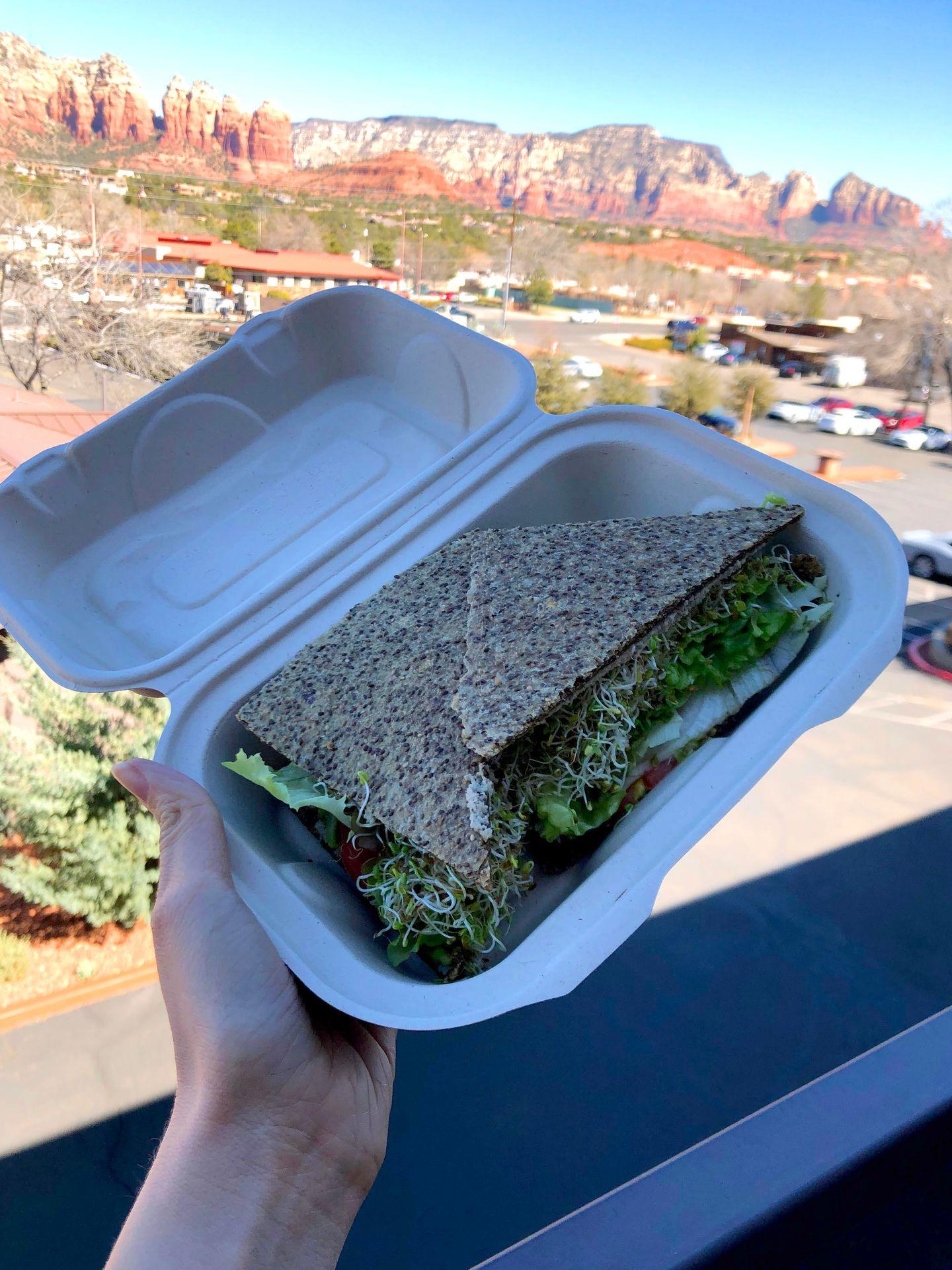 A sandwich in a to-go box with thin bread, green sprouts and other veggies.