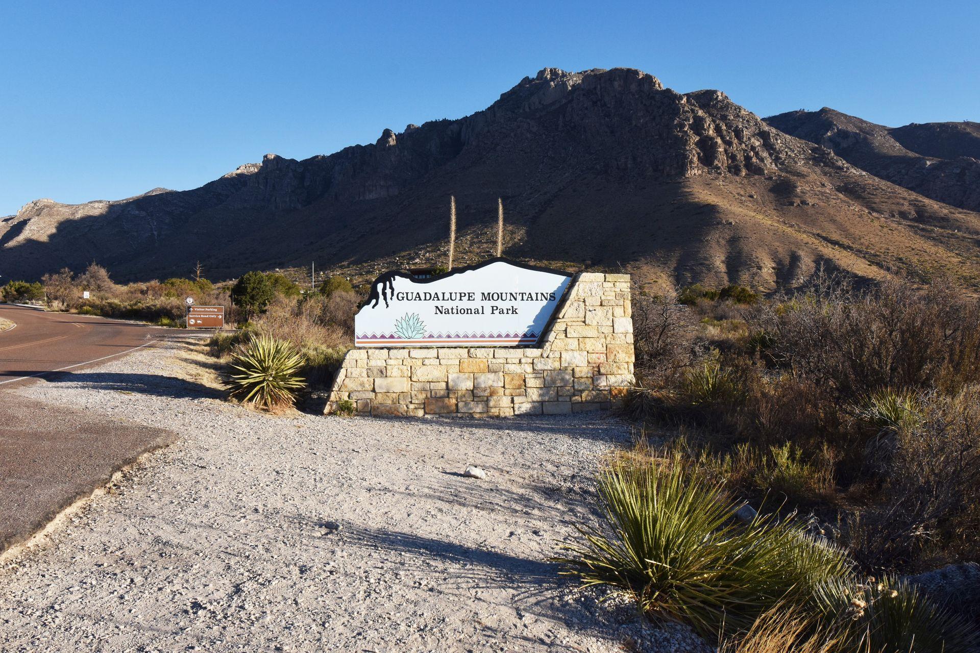 The national park entrance park sign for the Guadalupe Mountains. The sign is light blue with a geometric pattern and a desert plant on the bottom.