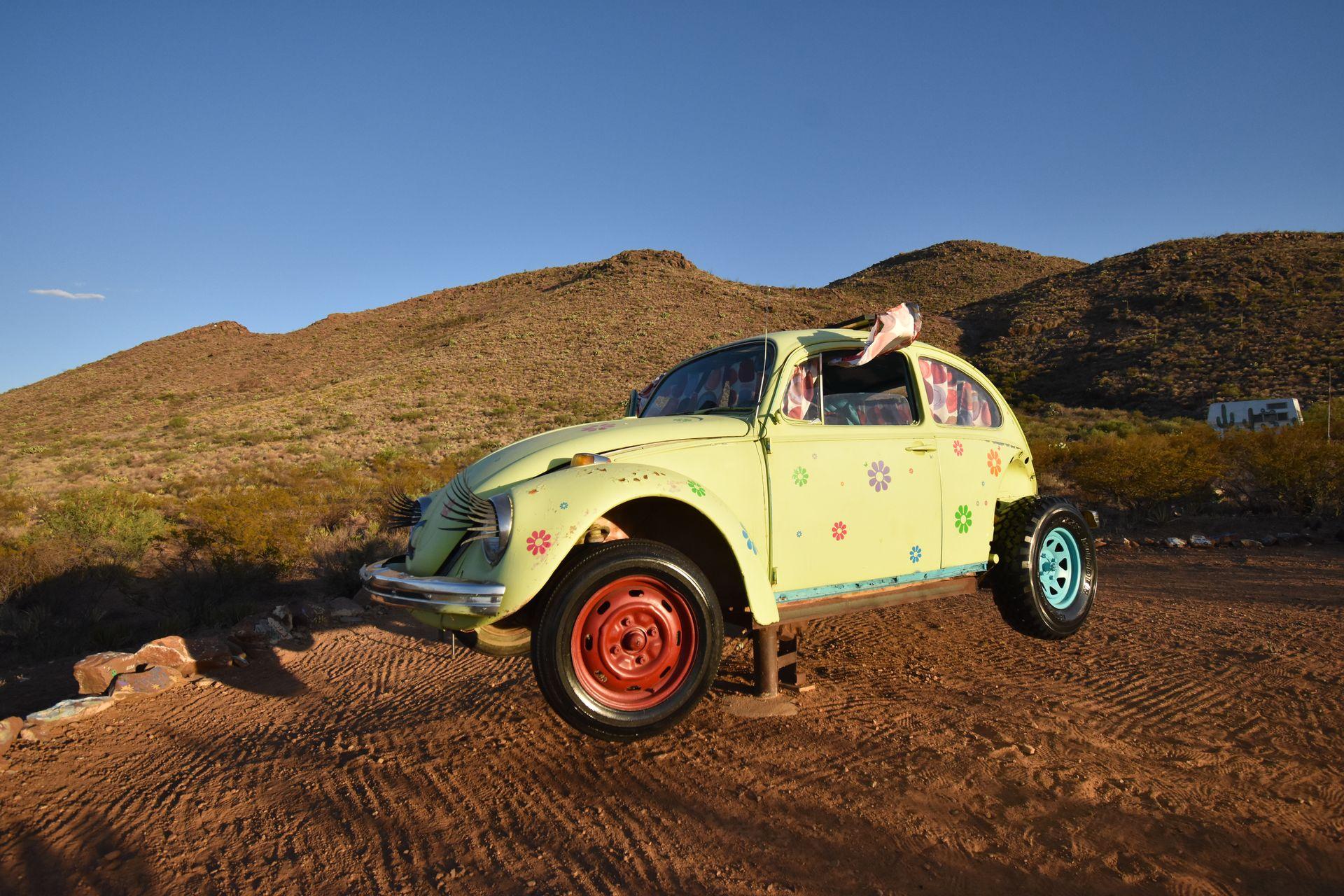 A yellow cuddle bug up on a rod with the desert in the background. There are colorful flowers on the bug and a curtain blowing out of an open window