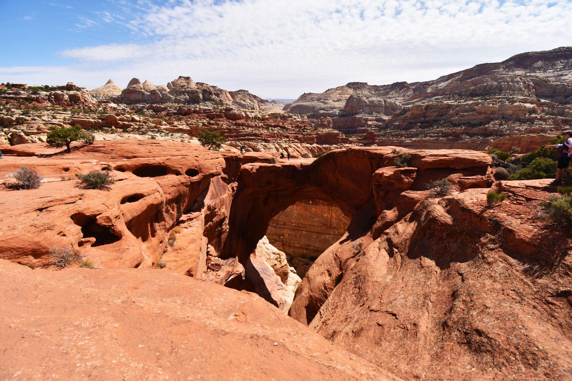 A large rock arch surrounded by orange rocks.
