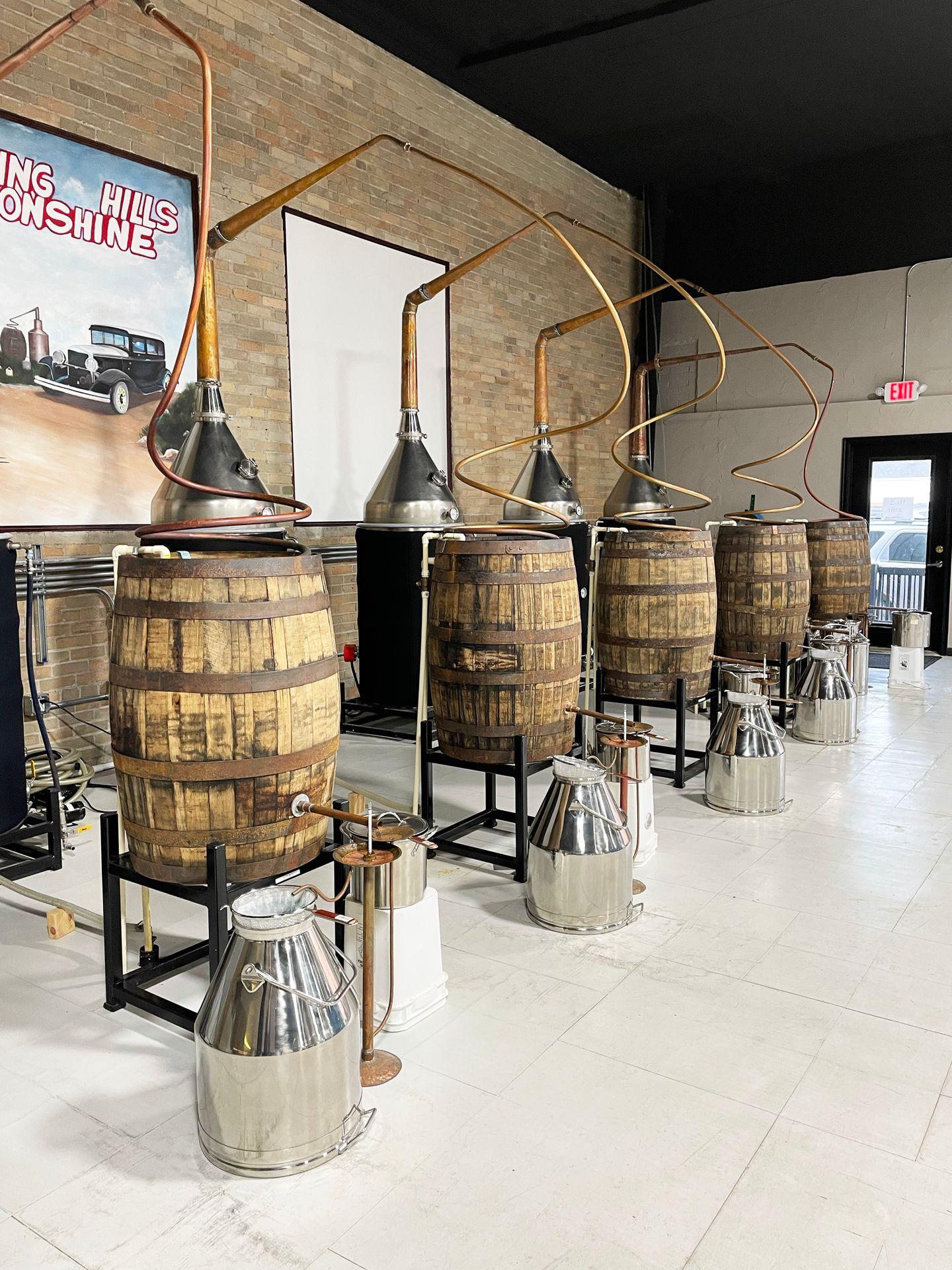 A row of Moonshine barrels inside of Hocking Hills Moonshine.