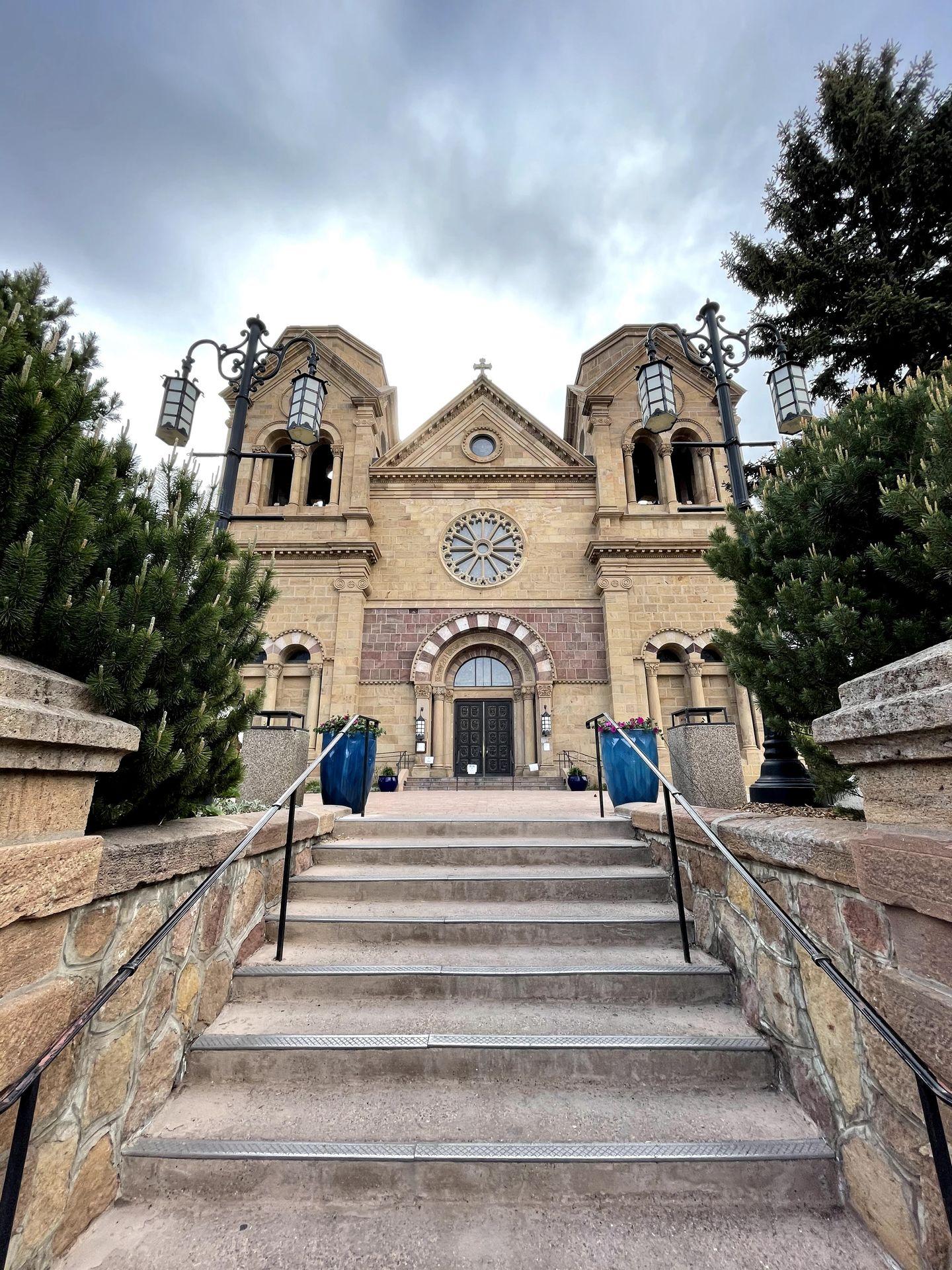 Looking up the steps at the Basilica of St. Francis, a famous church in Santa Fe.