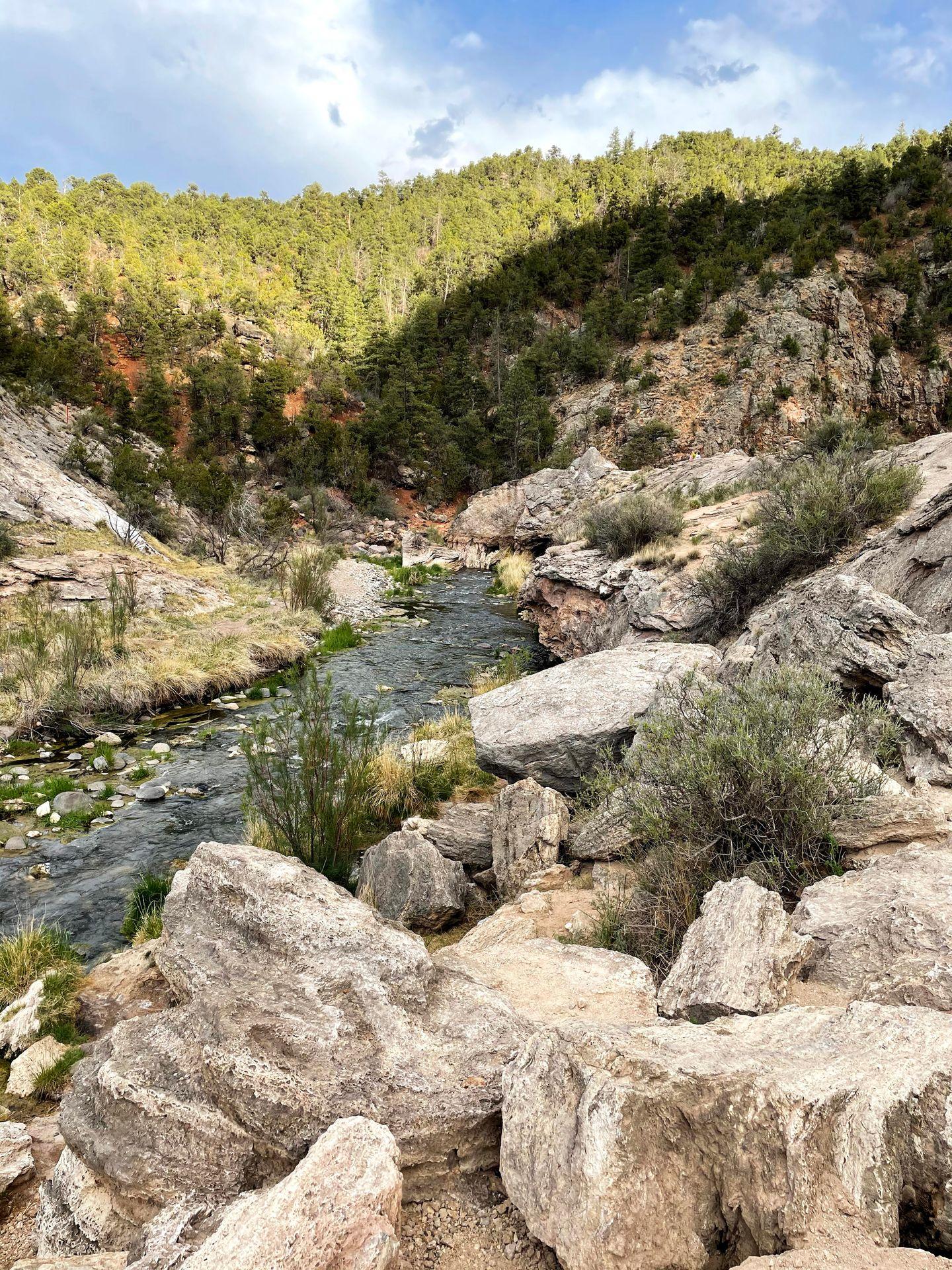 The Jemez River lined with large rocks on either side and a hill full of trees in the background.