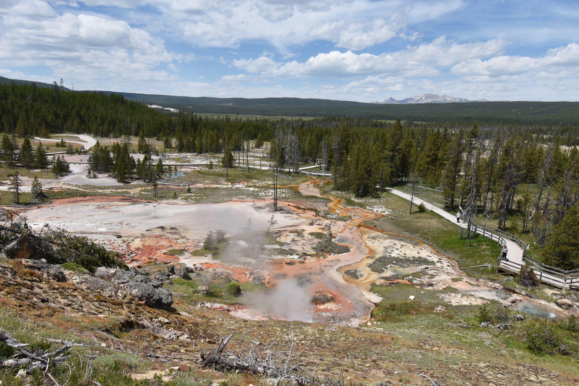 Looking down at orange hot springs in the Artist's Paintpots area.