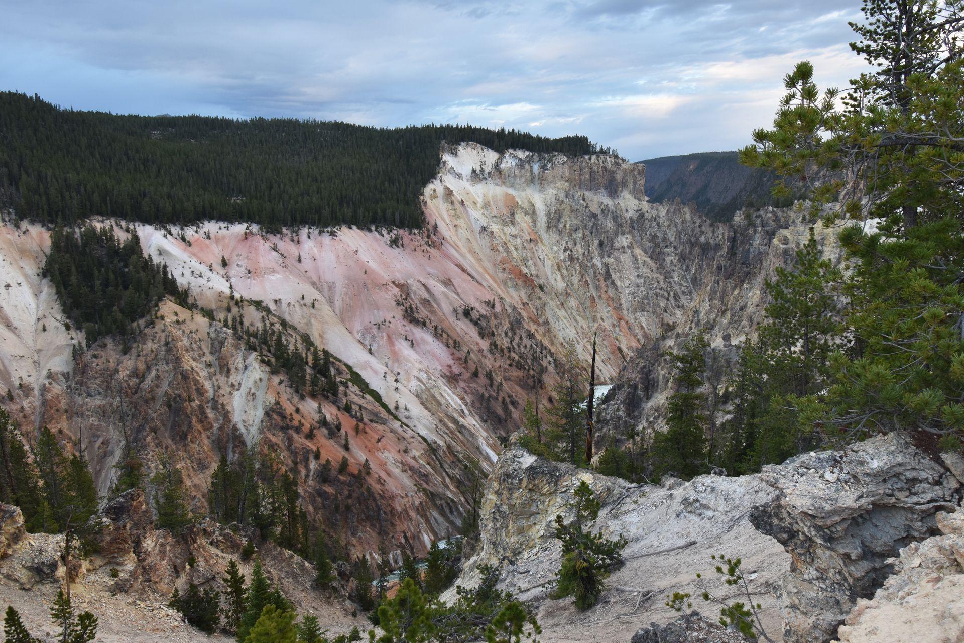 An area of pink and orange colors on the walls of the Grand Canyon of the Yellowstone.