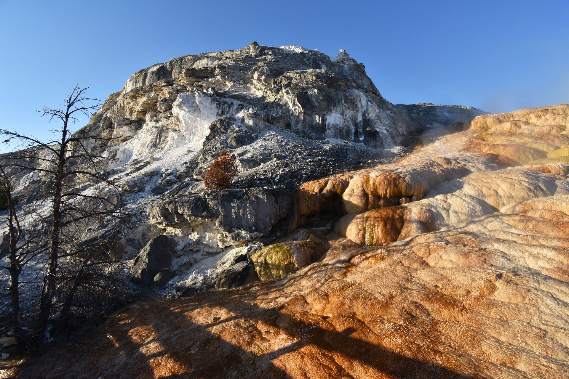 A formation of orange and white rocks and sulphur in the Mammoth Hot Springs area.
