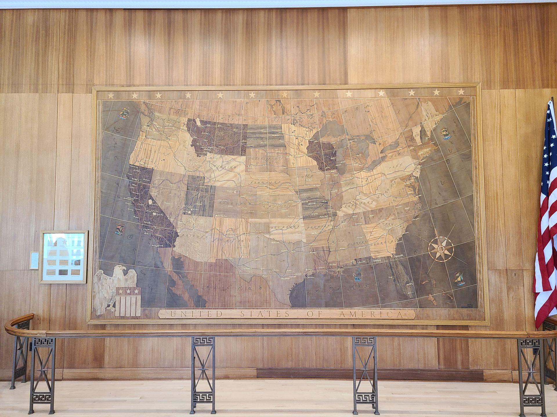 A giant, wood map of the United States in the lobby of the Mammoth Hot Springs Hotel